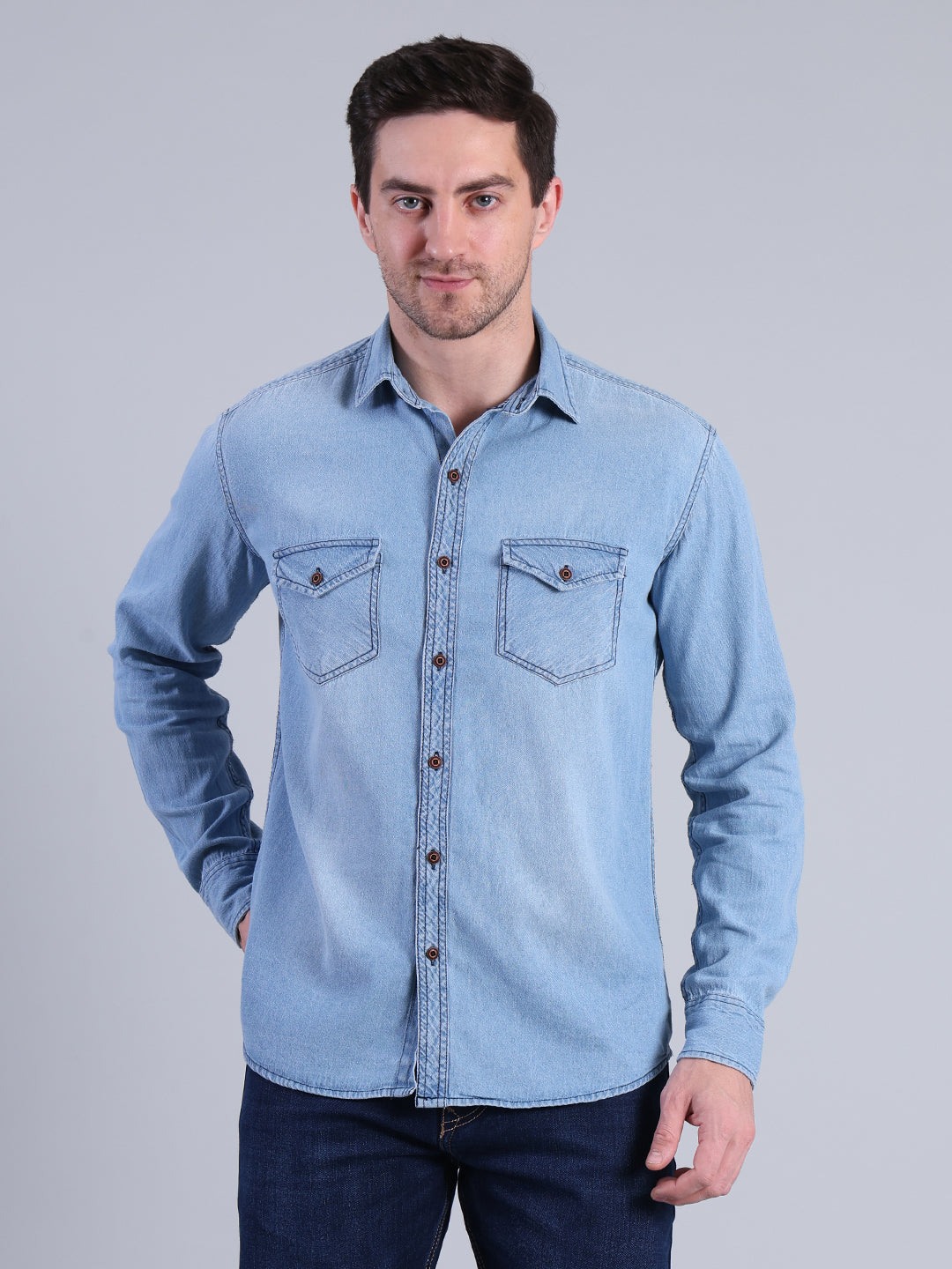 Stylox Men’s Light Wash Denim Shirt with Dual Chest Pockets - Stylox