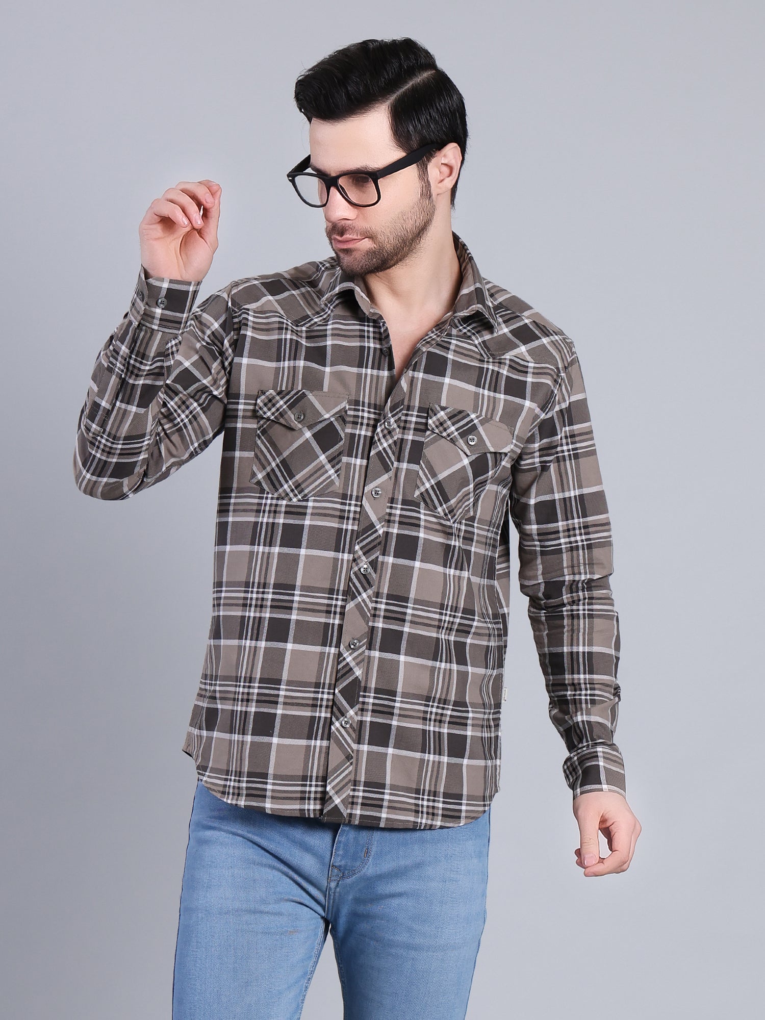 Stylox Men's Regular Fit Double Chest Pocket Check Casual Shirt (Olive)