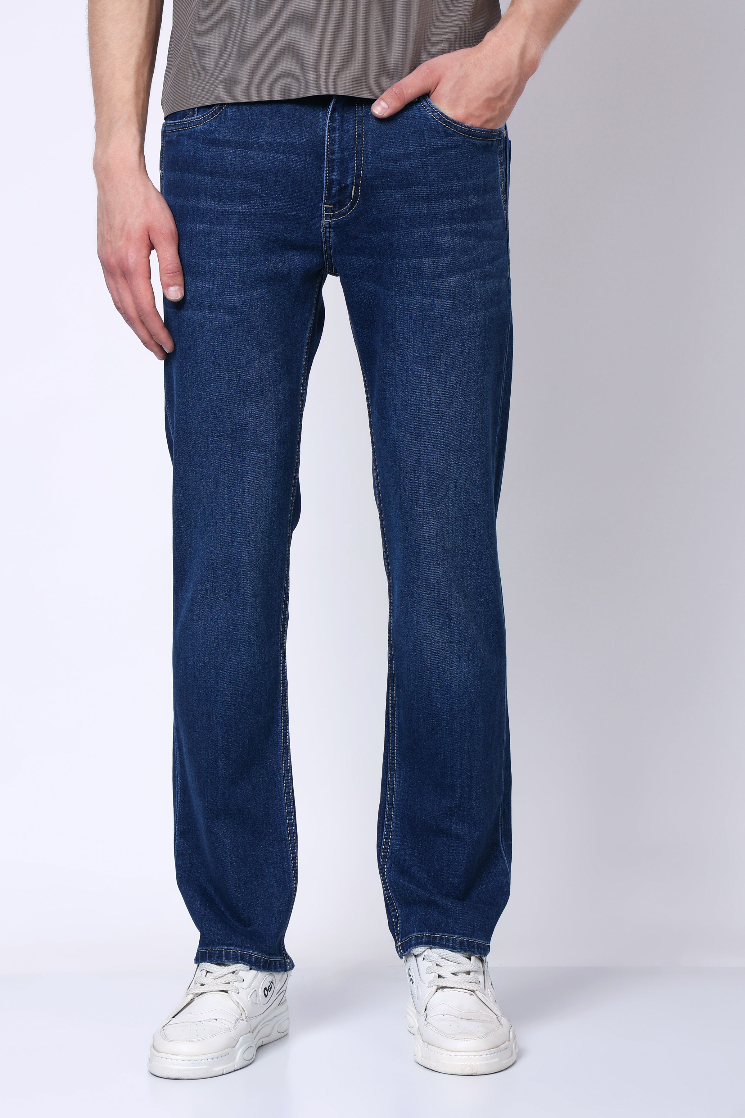Stylox Men’s Mid-Rise Comfort Fit Stretchable Mid Dark Blue Denim Jeans - Stylox