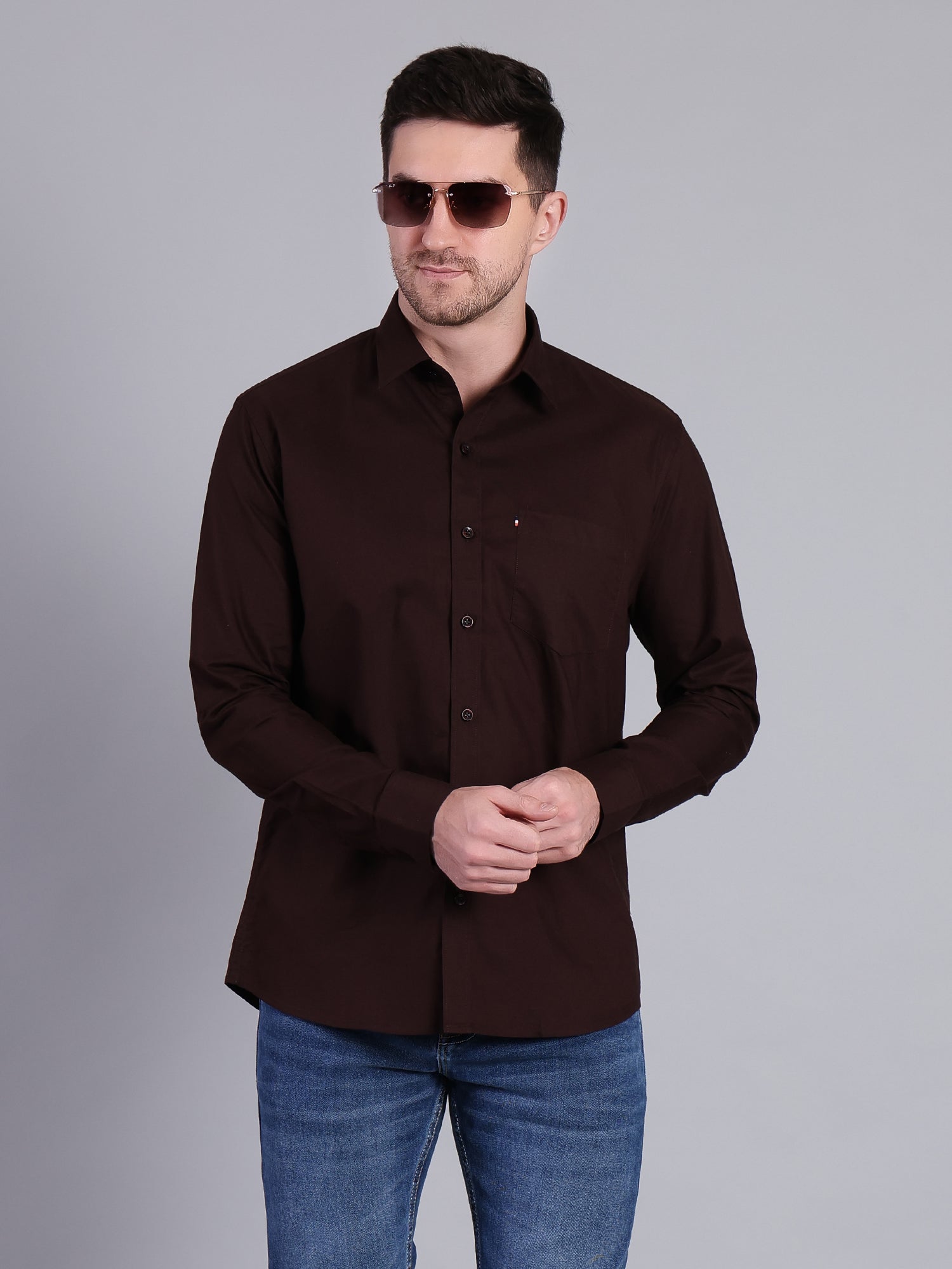 Stylox Men’s Regular Fit Solid Oxford Casual Shirt-Brown - Stylox