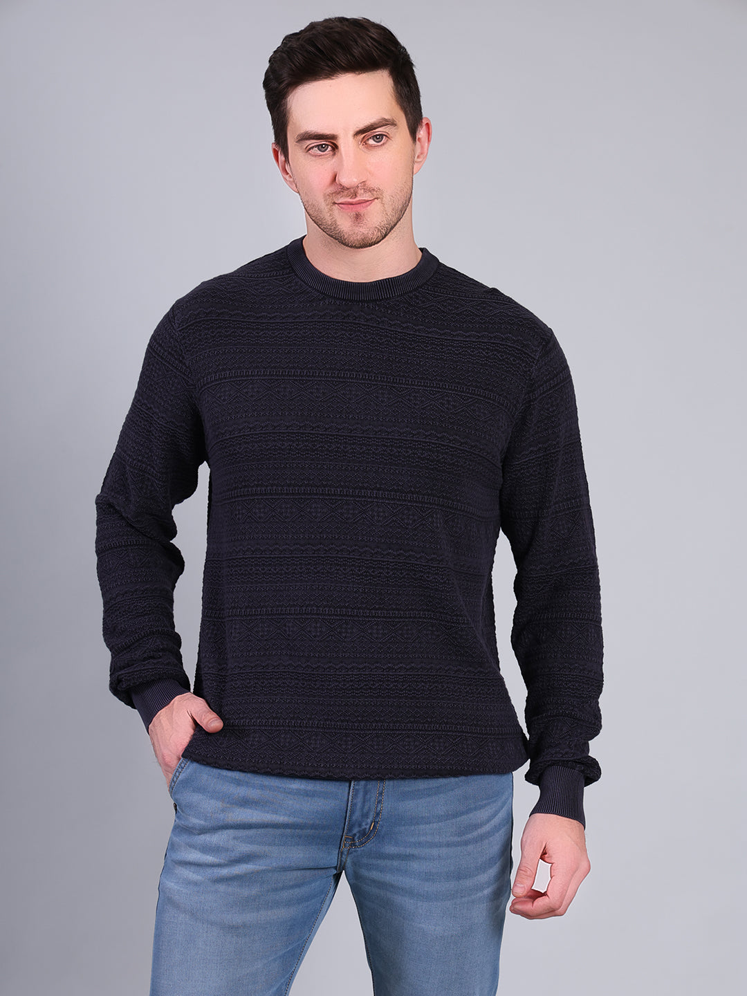 Stylox Men’s Winter Textured Sweater | Full Sleeve Round Neck Knit Pullover | Warm Casual Wear-Navy