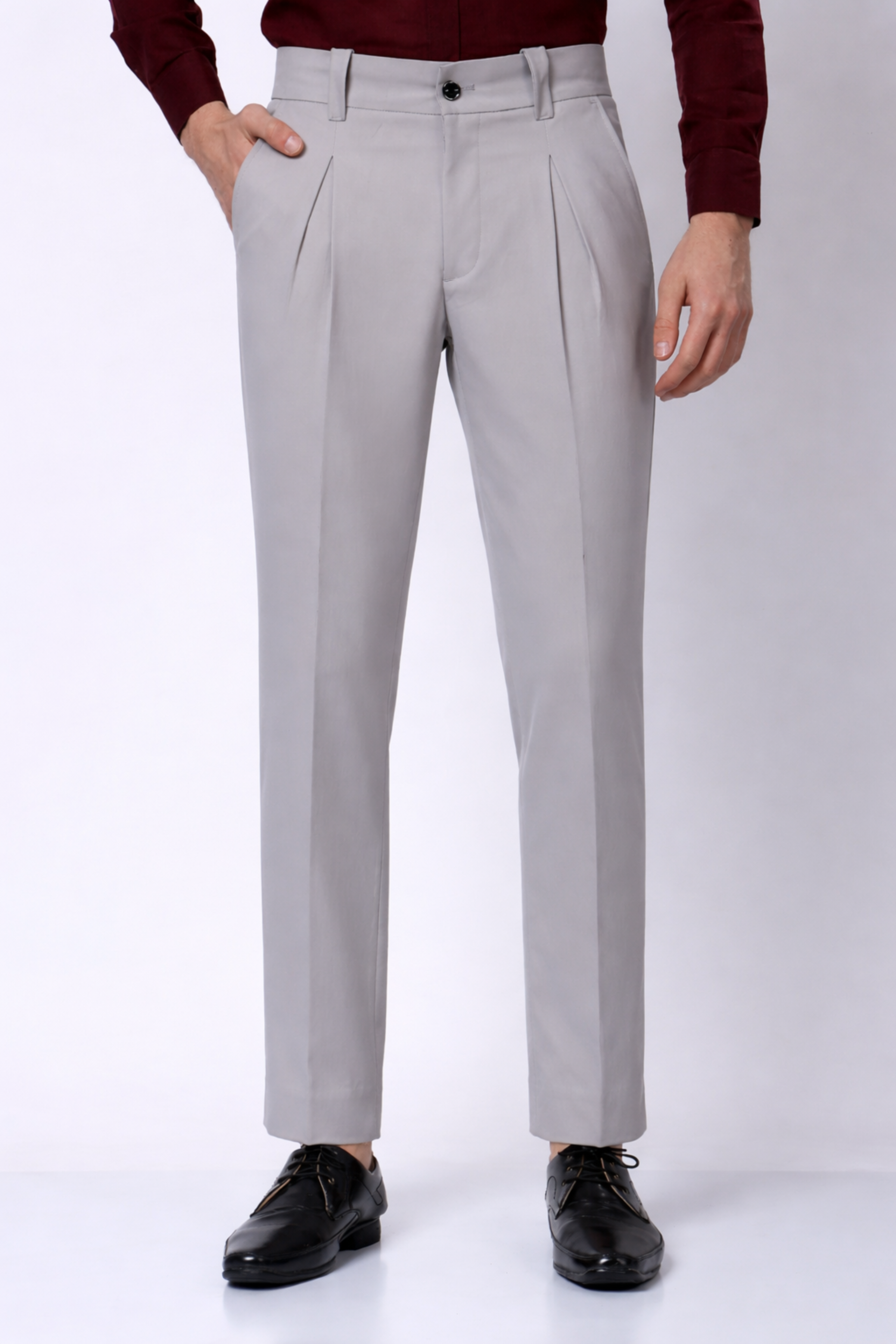 Stylox Men’s Slim Fit Pleated Formal Trousers – Premium Office Wear Pants with Side Pockets-Light Grey - Stylox