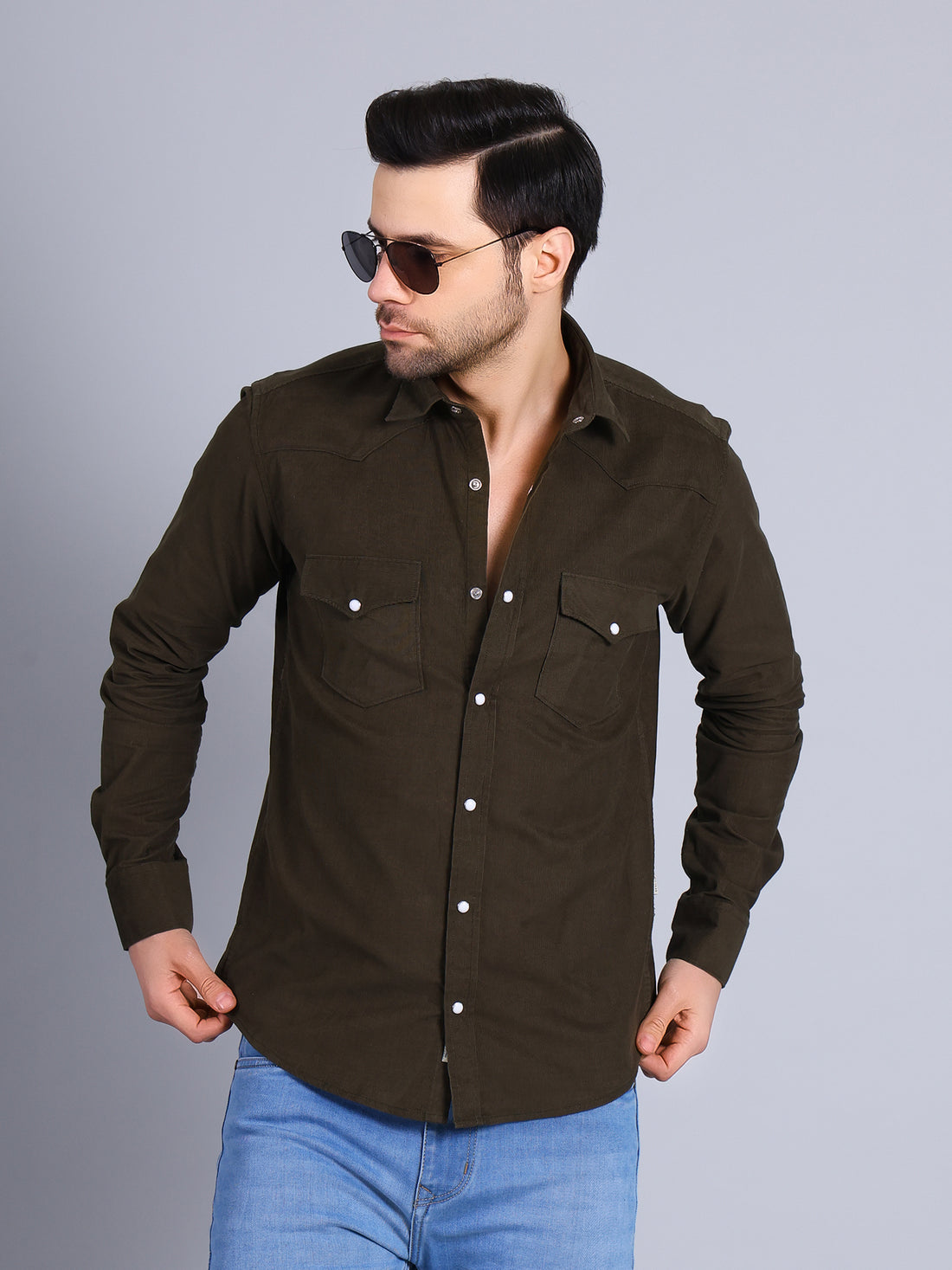 Stylox Men’s Regular Fit Full Sleeve Solid Casual Corduroy Shirt with Double Chest Pocket (Dark Green)