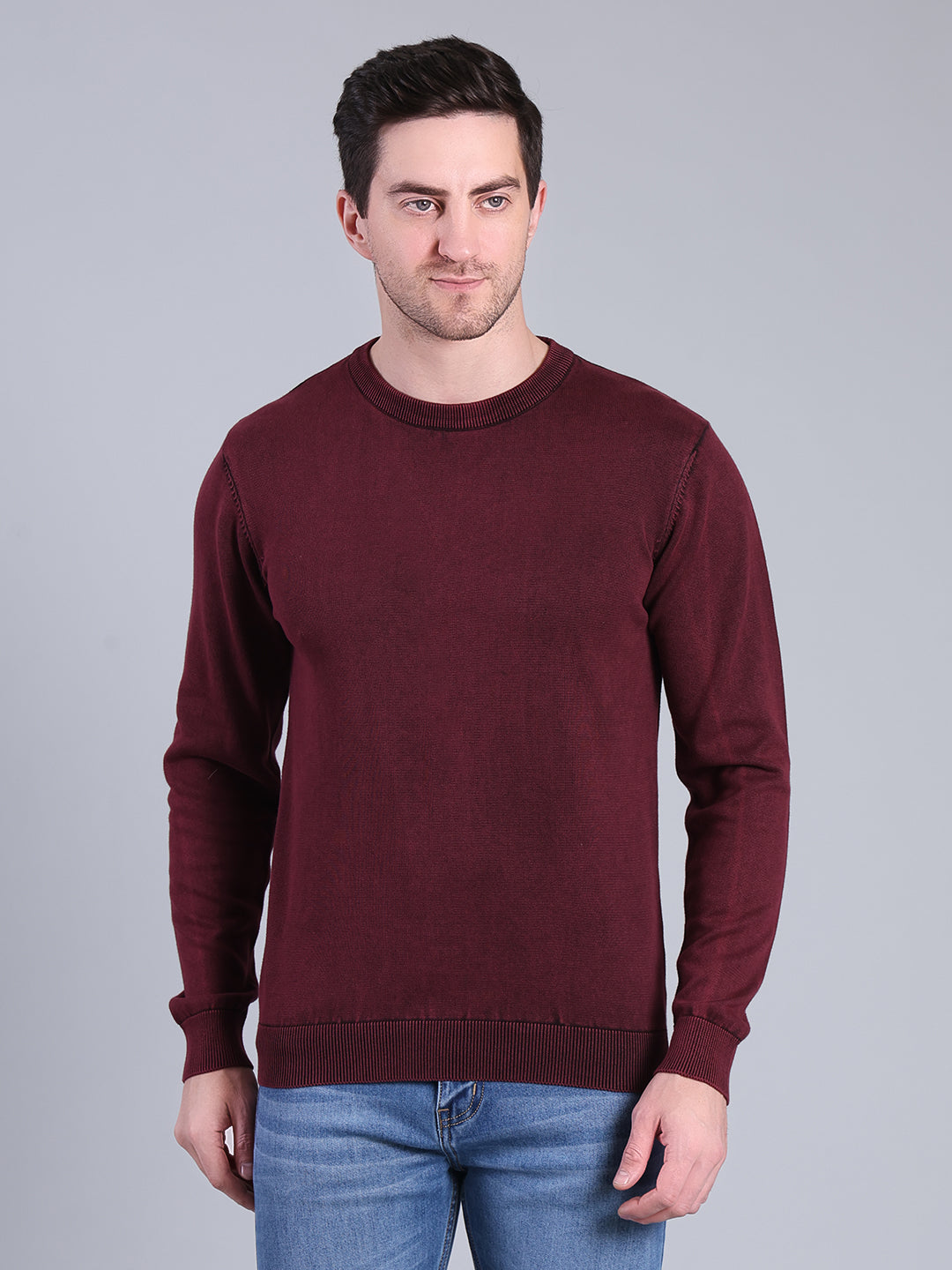 Stylox Men’s Full Sleeve Round Neck Sweater | Solid Slim Fit Knitted Winter Pullover (Wine) - Stylox