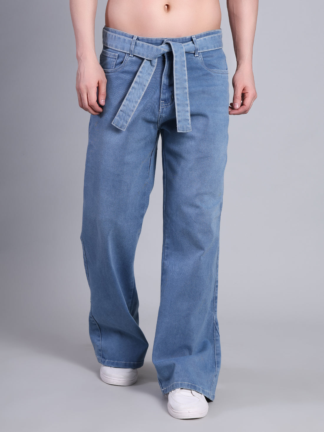 Stylox Men’s Baggy Fit Non-Stretch Rigid Denim Wide Leg Jeans with Tie Belt-Light Blue - Stylox
