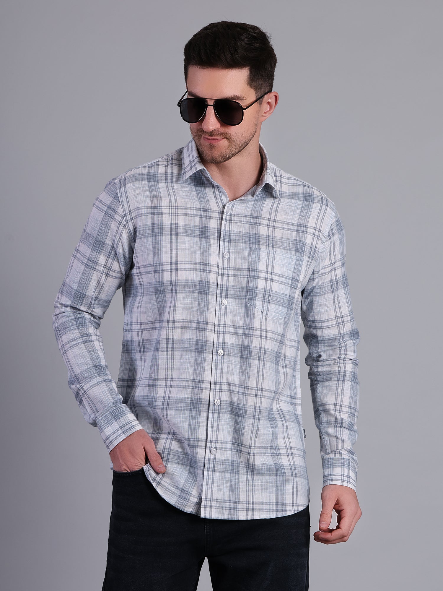 Stylox Men’s Regular Fit Checked Full Sleeve Casual Shirt-Mist Blue - Stylox