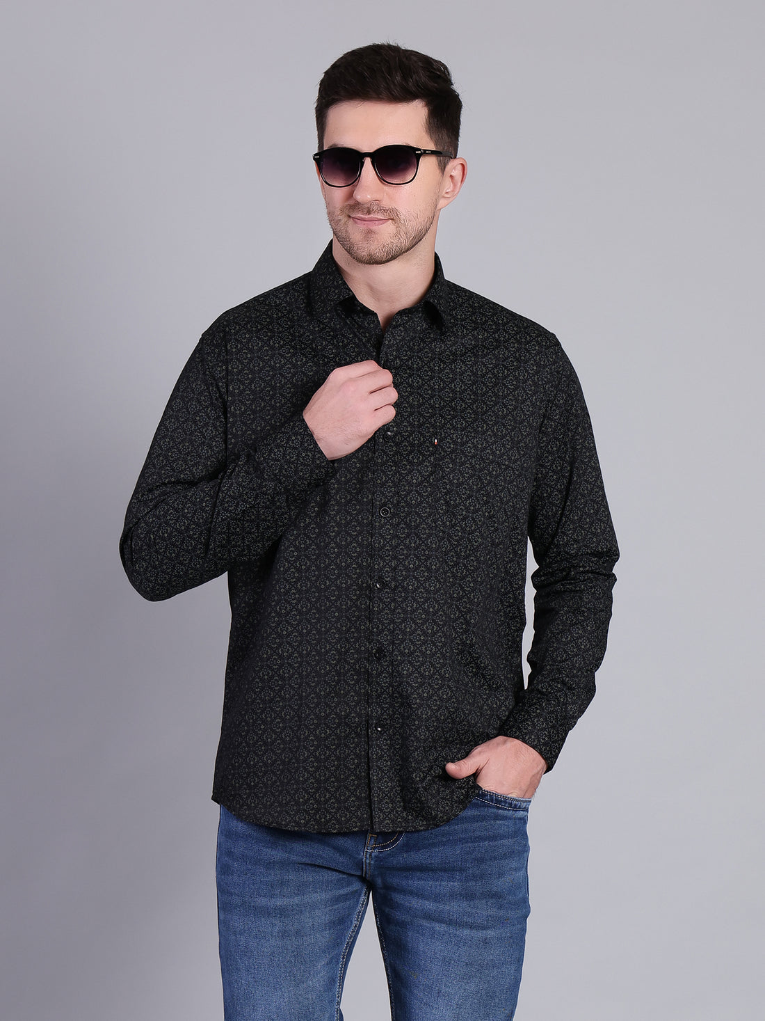 Stylox Men’s Regular Fit Full Sleeve Cotton Floral Print Casual Shirt-Black - Stylox