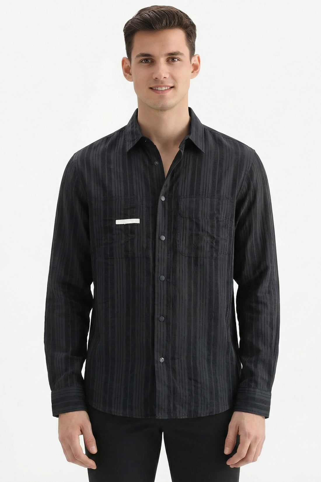 Stylox Men’s Regular-Fit Shacket Shirt – Self-Striped Full Sleeve Button-Down Overshirt with Chest Pockets