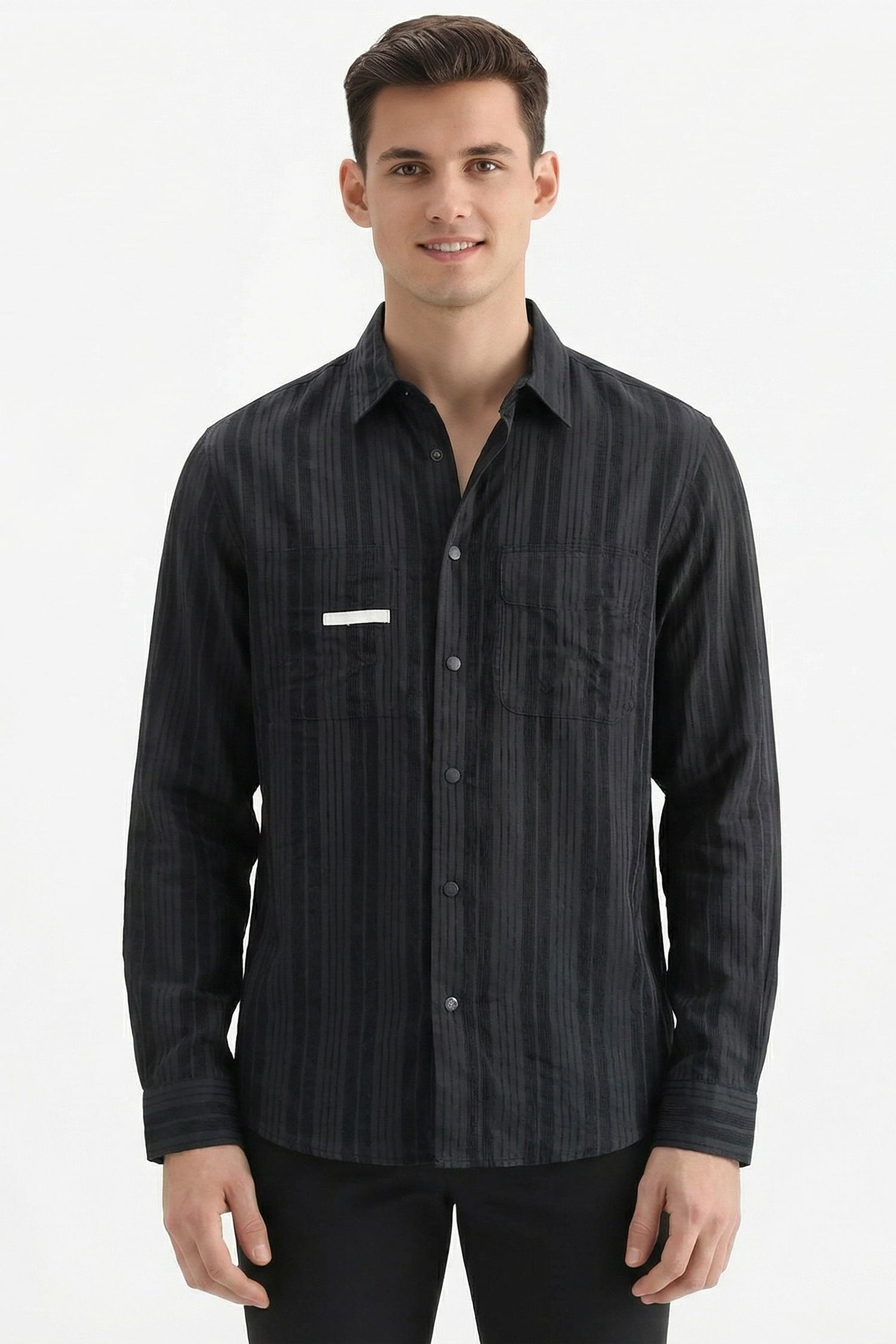 Stylox Men’s Regular-Fit Shacket Shirt – Self-Striped Full Sleeve Button-Down Overshirt with Chest Pockets