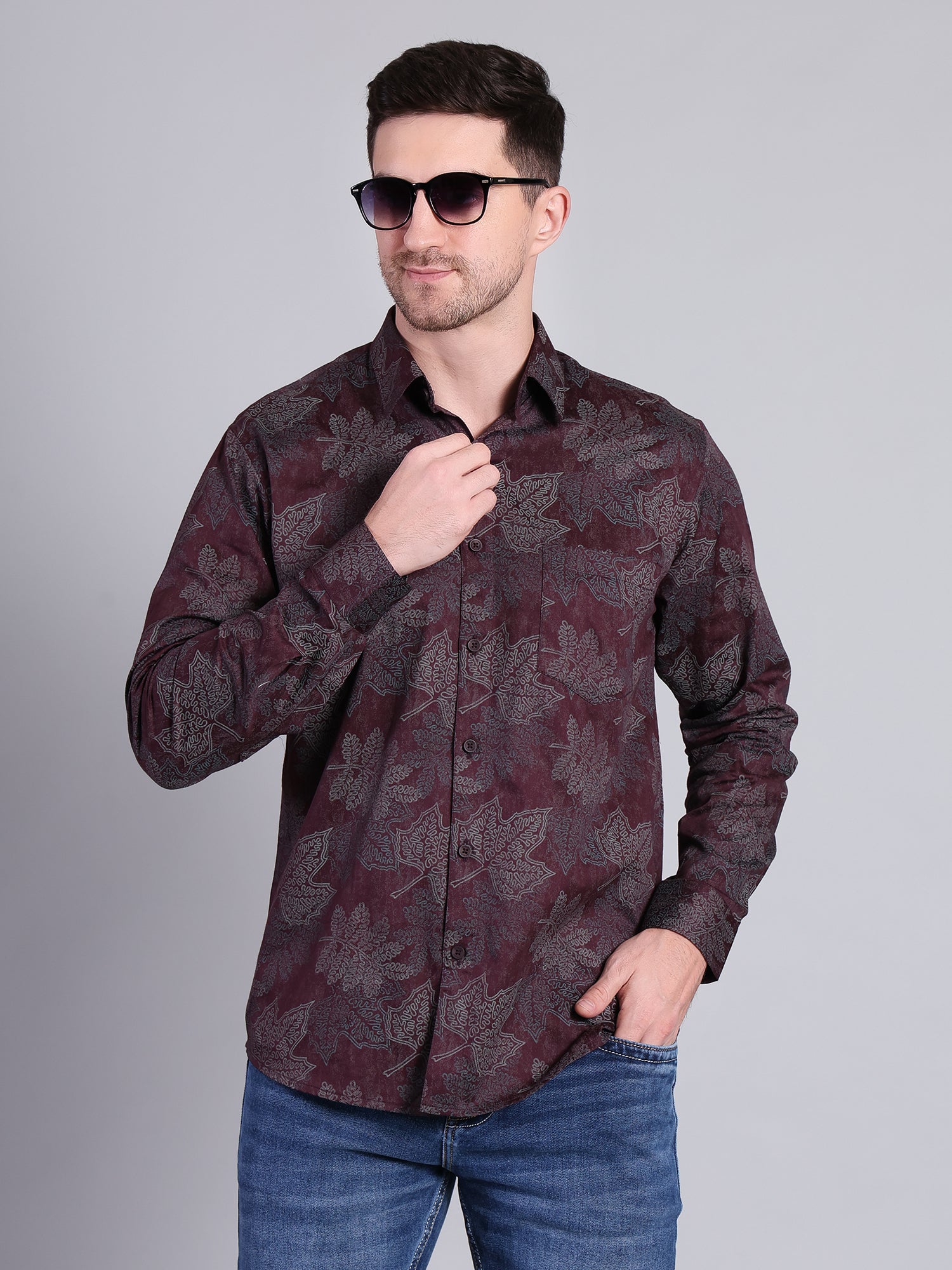 Stylox Men’s Regular Fit Leaf Printed Full Sleeve Casual Shirt-Maroon - Stylox