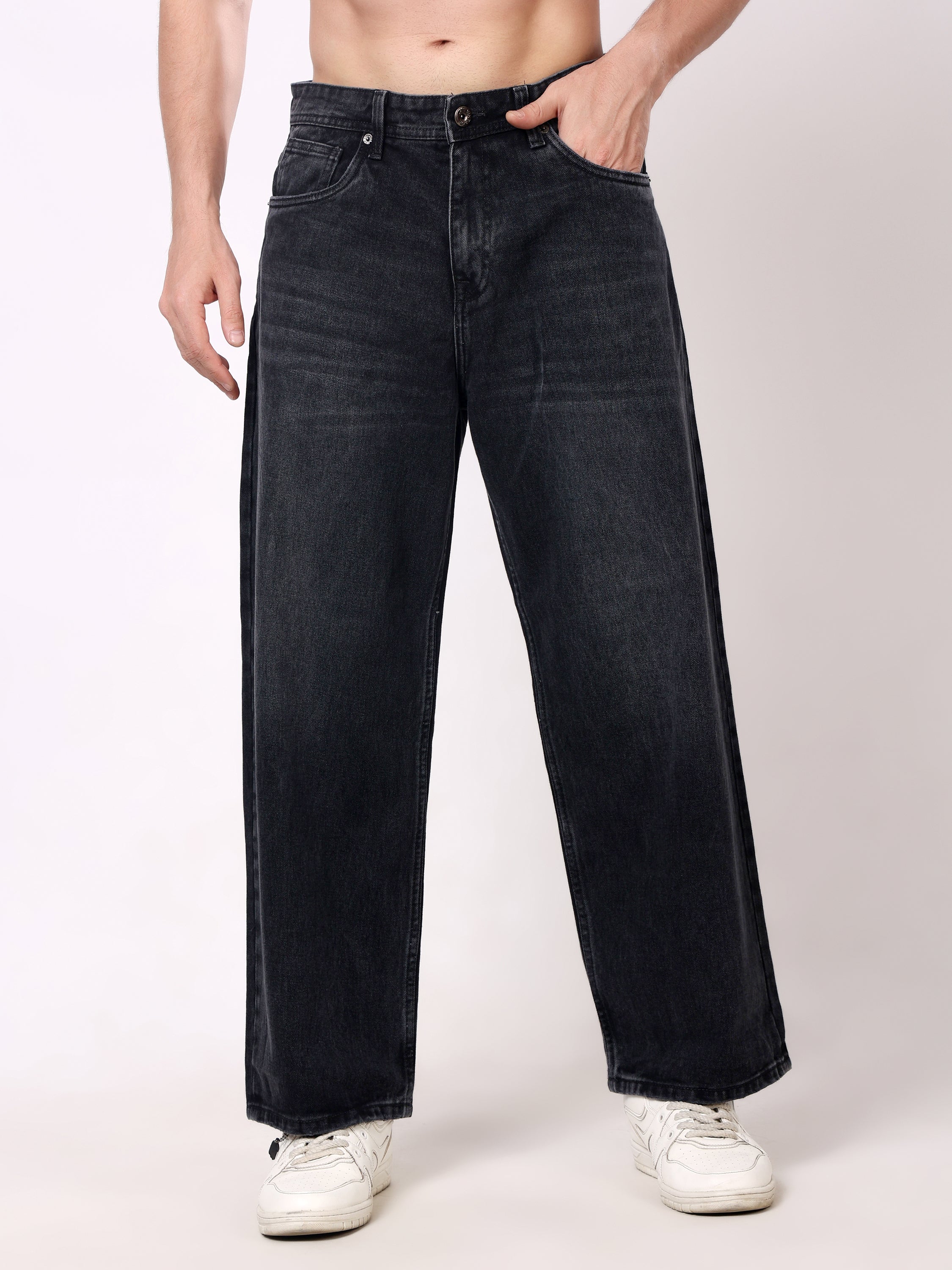 Stylox Men's Estern Black Super Baggy Fit Non-Stretchable Denim Jeans
