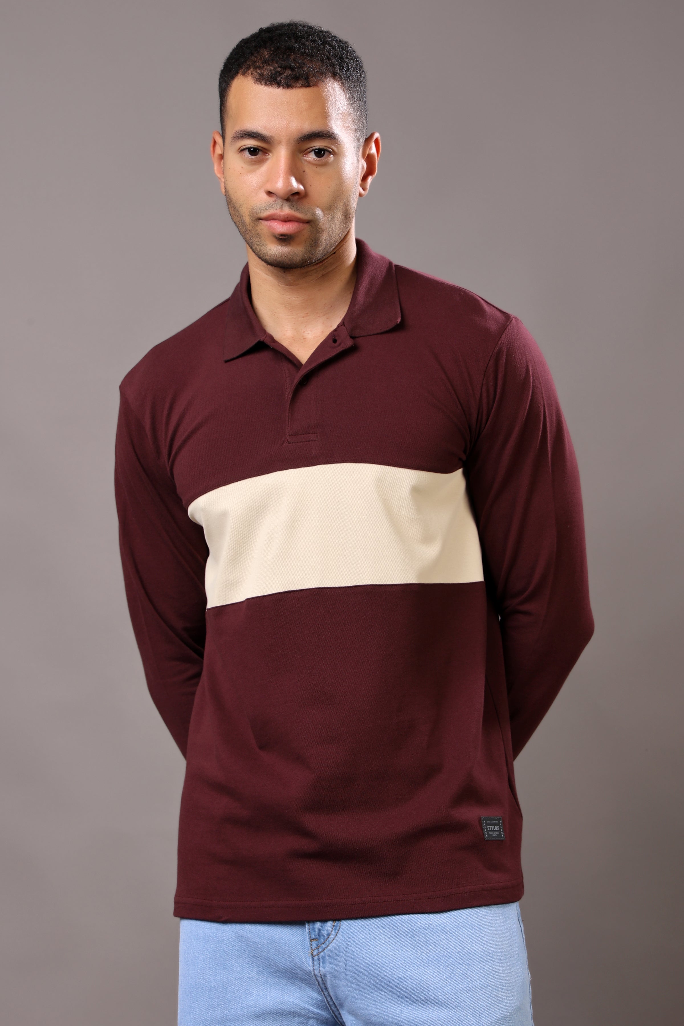 Stylox Men’s Long Sleeve Polo T-Shirt with Cut & Sew Design - Stylox