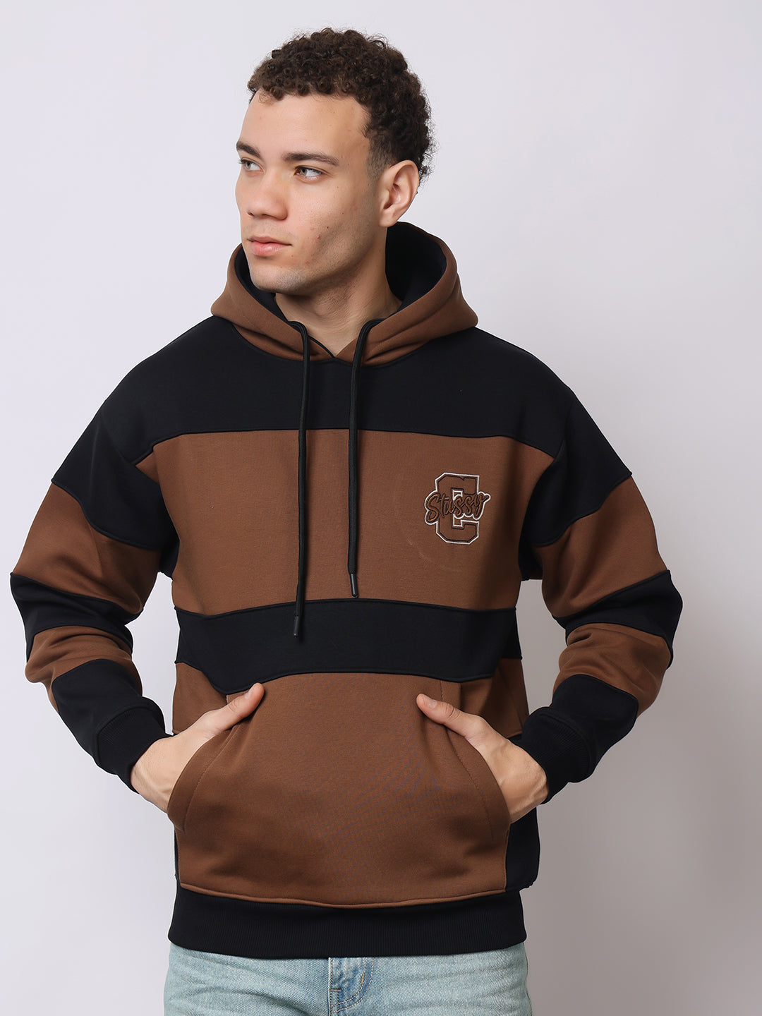 Stylox Men’s Premium Colorblock Hoodie – Brown &amp; Black Stylish Winter Wear | Warm Fleece Hoodie with Kangaroo Pocket