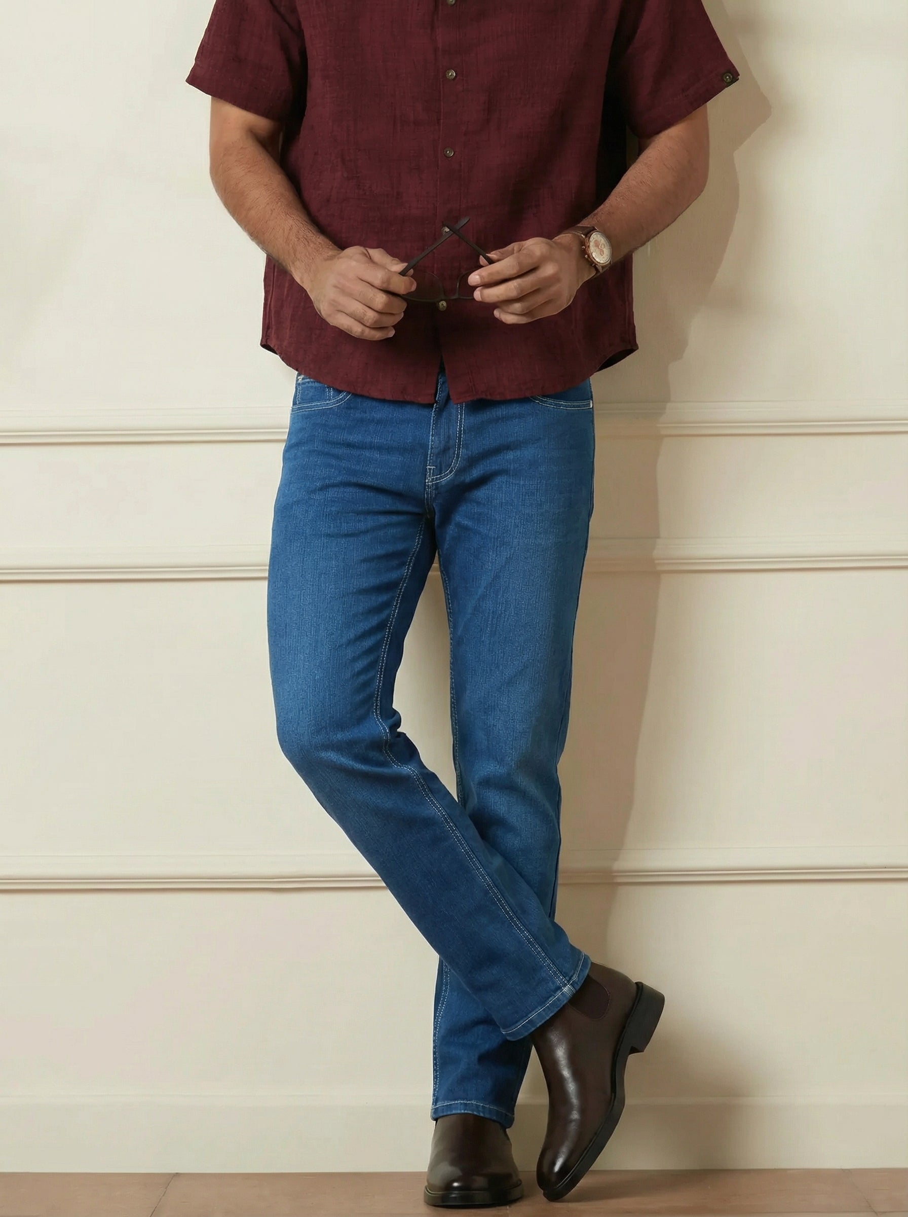 Stylox Men’s Dark Blue Straight Fit Jeans Mid-Rise Denim - Stylox