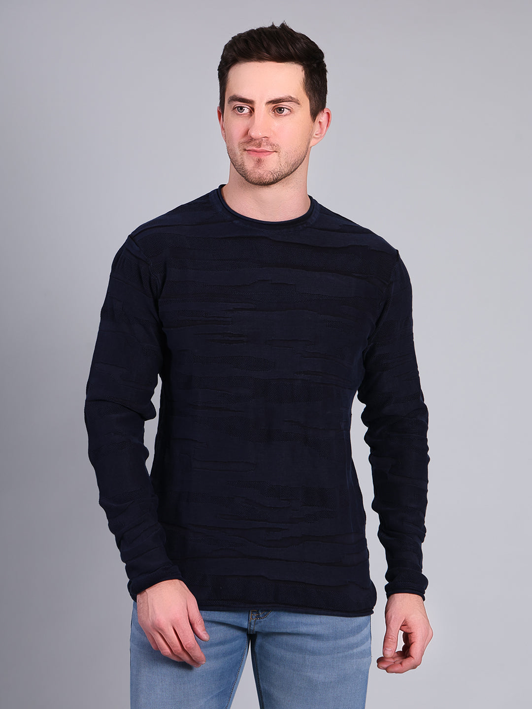 Stylox Men’s Textured Winter Sweater | Full Sleeve Crew Neck Knit Pullover | Premium Casual Wear (Navy) - Stylox