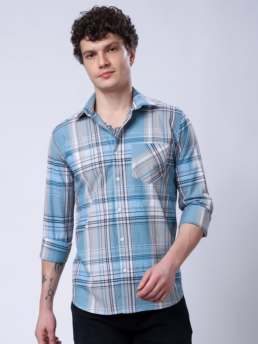 Stylox Men’s Regular Fit Full Sleeve Casual Check Shirt–Grey &amp; Sky Blue - Stylox
