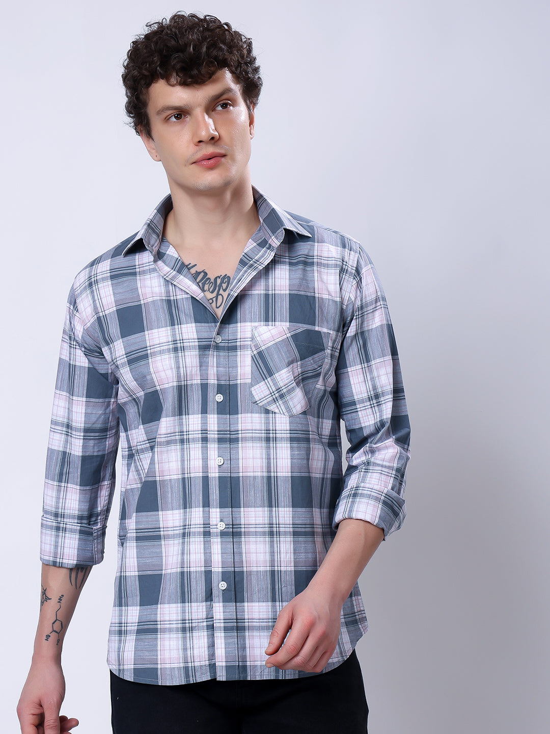 Stylox Men’s Regular Fit Full Sleeve Casual Check Shirt–Grey & Coral - Stylox
