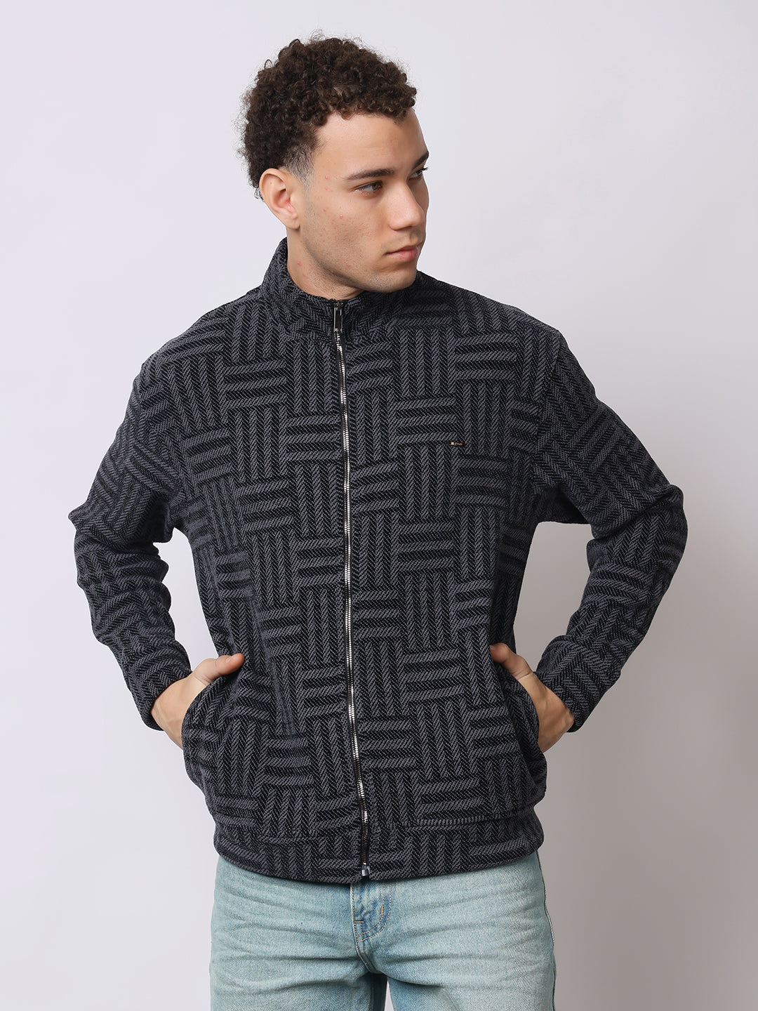 Stylox Men’s Black Textured Full-Zip Winter Jacket – Warm Fleece-Lined High Neck Sweatshirt for Casual Wear