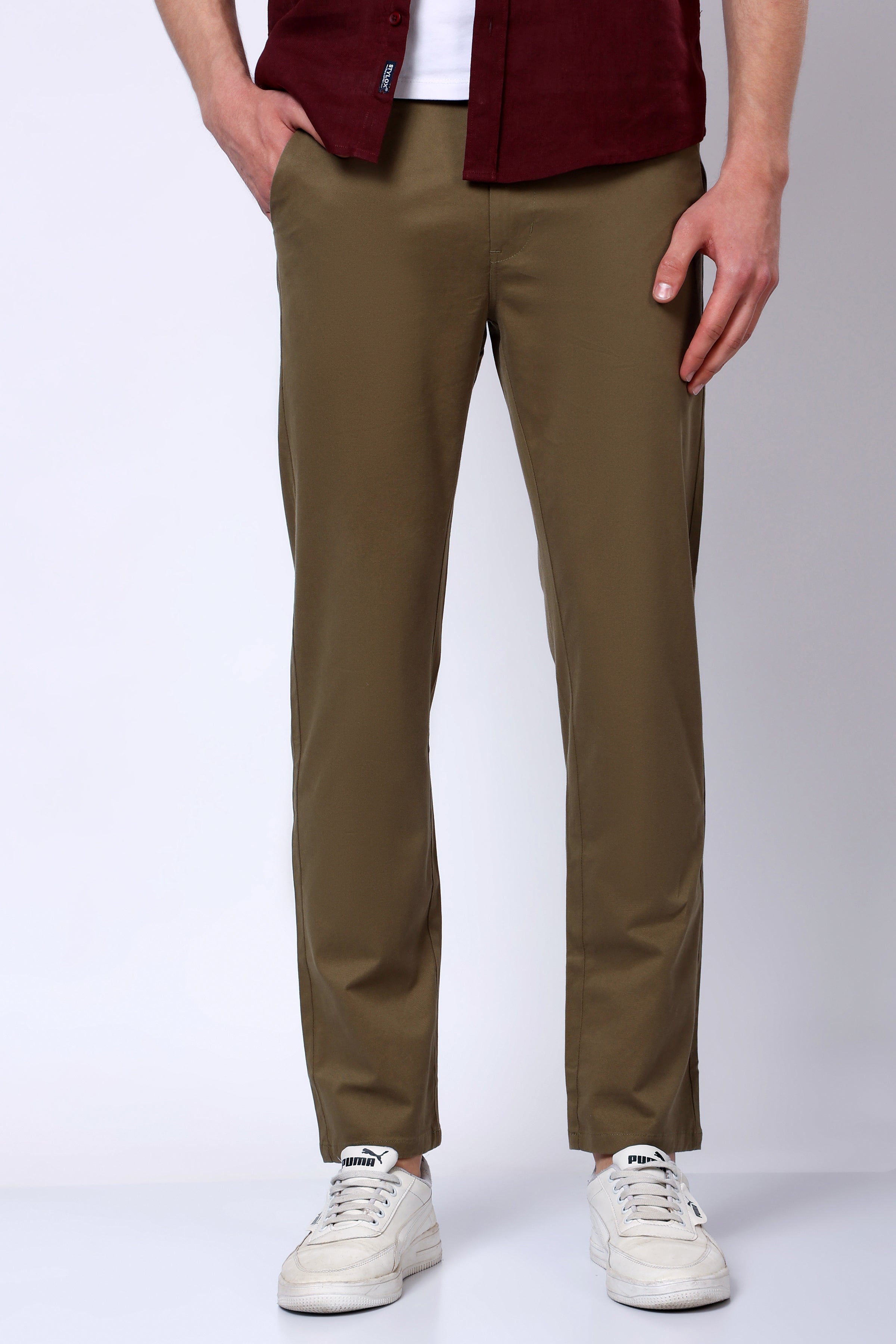 Stylox Men’s Straight Fit Casual Trousers with Comfort-Olive - Stylox