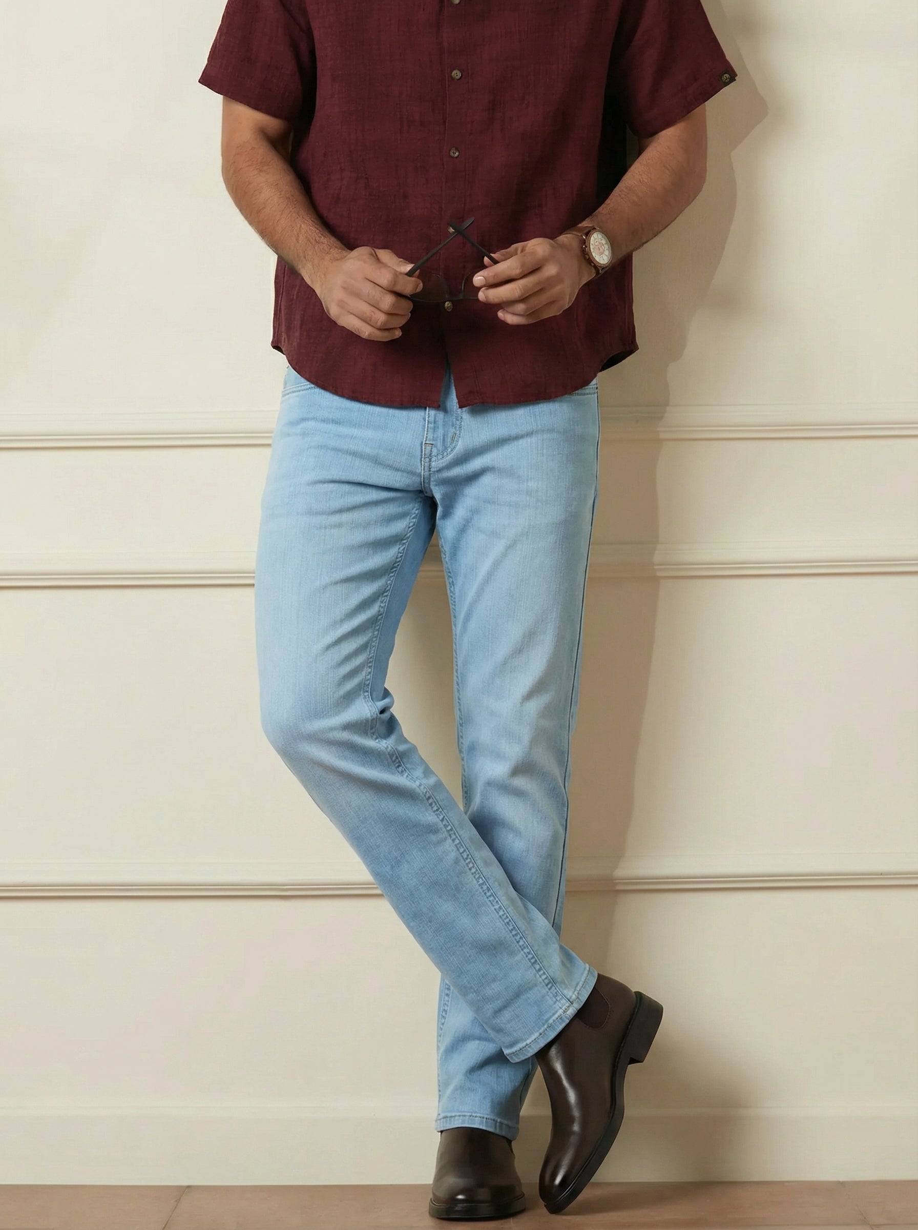 Stylox Men’s Light Blue Straight Fit Jeans Mid-Rise Denim - Stylox