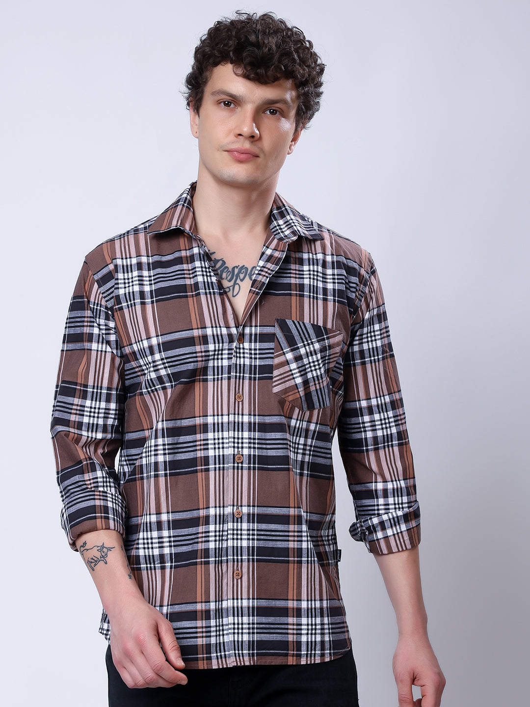 Stylox Men’s Regular Fit Full Sleeve Casual Check Shirt–Brown &amp; Black - Stylox