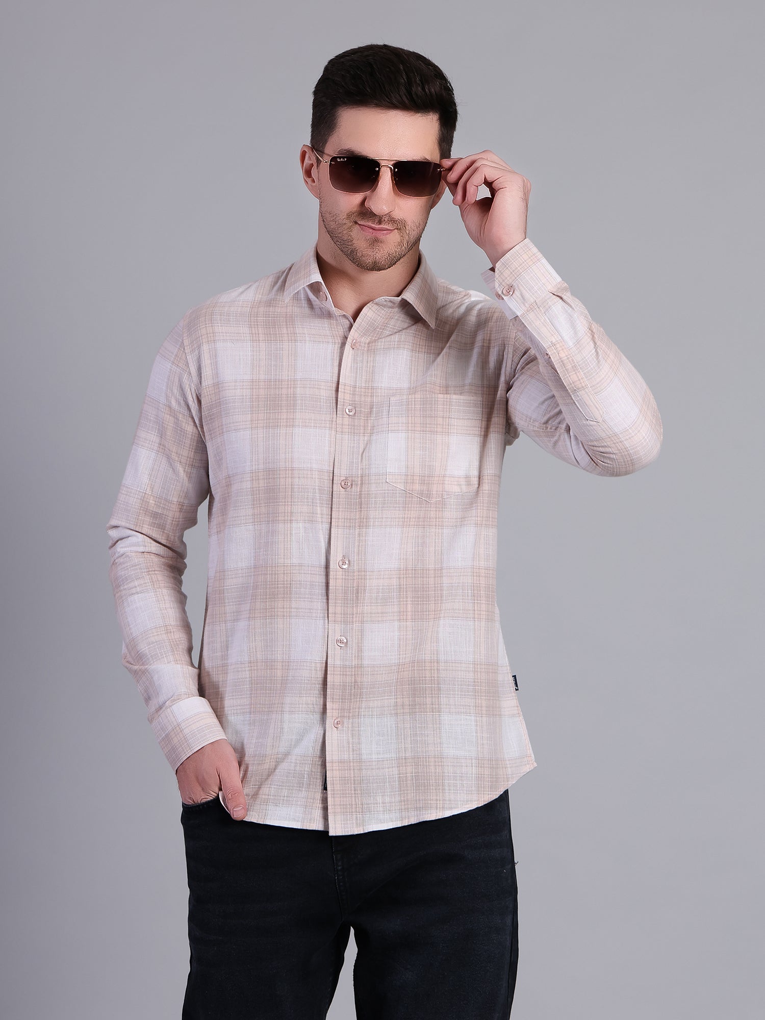 Stylox Men’s Regular Fit Checked Full Sleeve Casual Shirt-Peach - Stylox