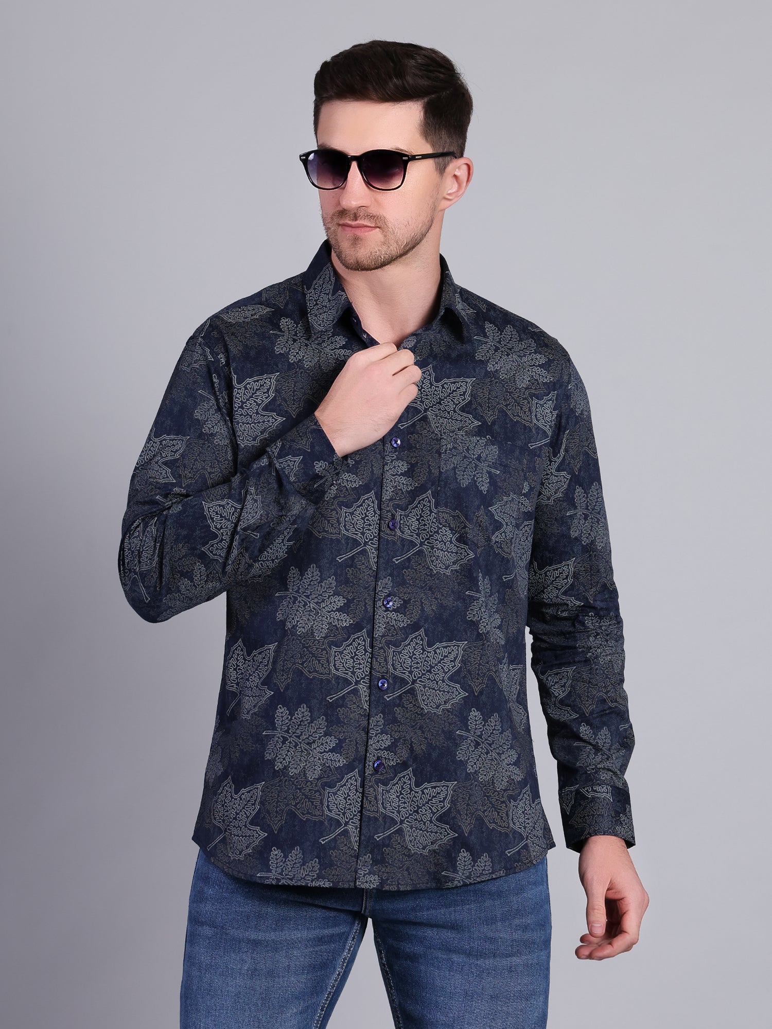 Stylox Men’s Regular Fit Leaf Printed Full Sleeve Casual Shirt-Blue - Stylox