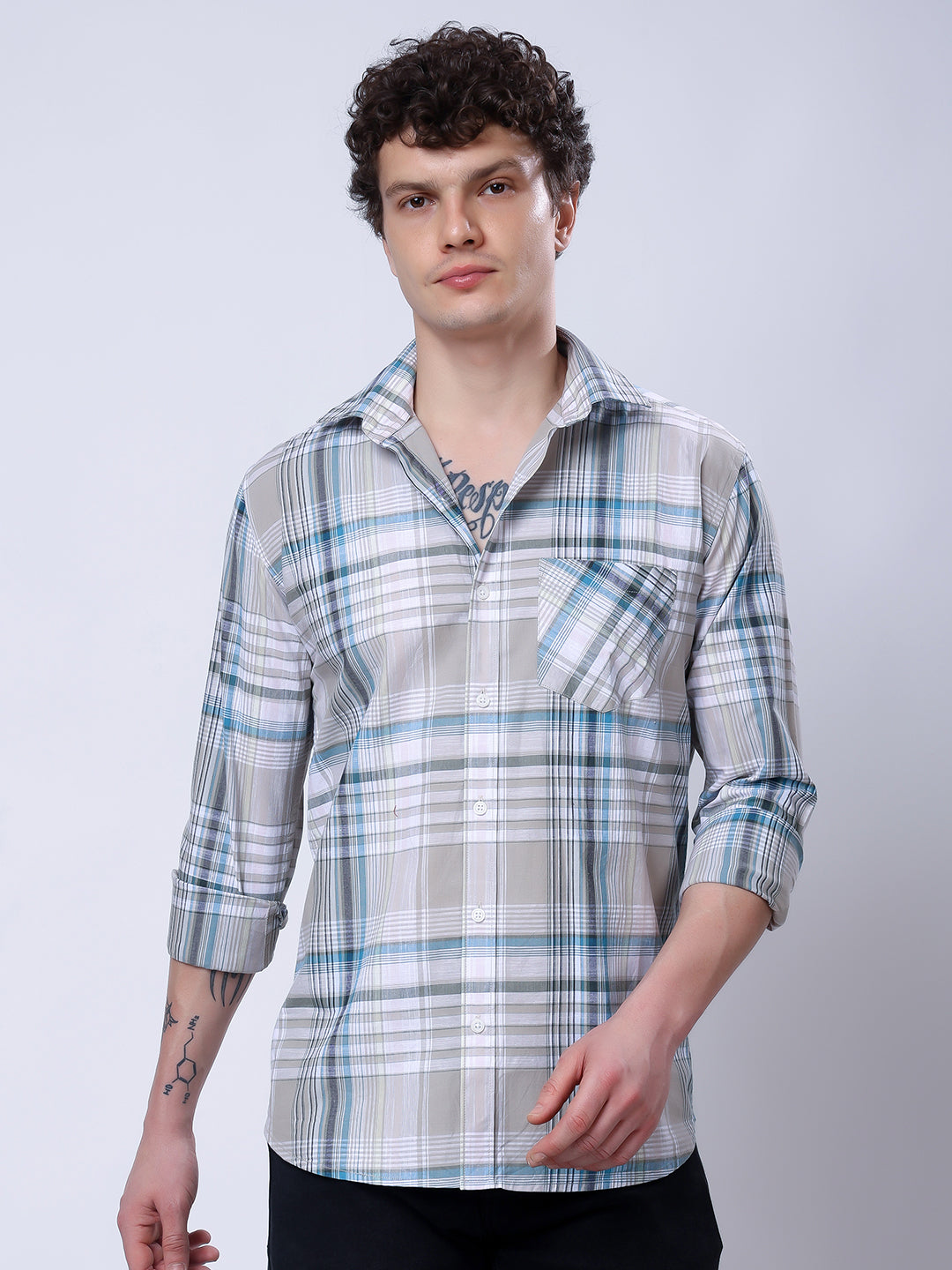 Stylox Men’s Regular Fit Full Sleeve Casual Check Shirt–Grey &amp; Blue - Stylox