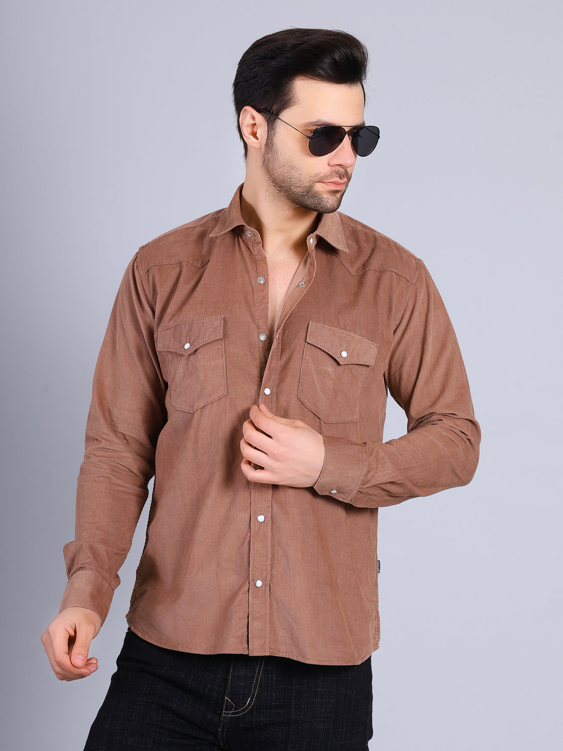 Stylox Men’s Regular Fit Full Sleeve Solid Casual Corduroy Shirt with Double Chest Pocket (Dark Beige)
