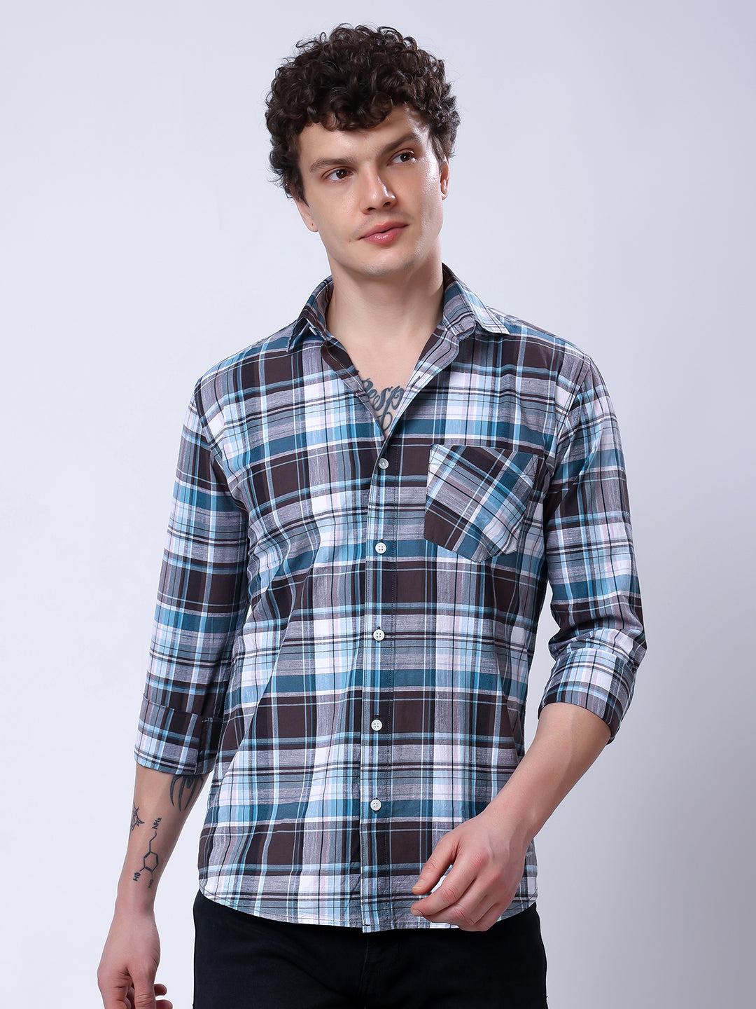 Stylox Men’s Regular Fit Full Sleeve Casual Check Shirt–Brown &amp; Teal - Stylox