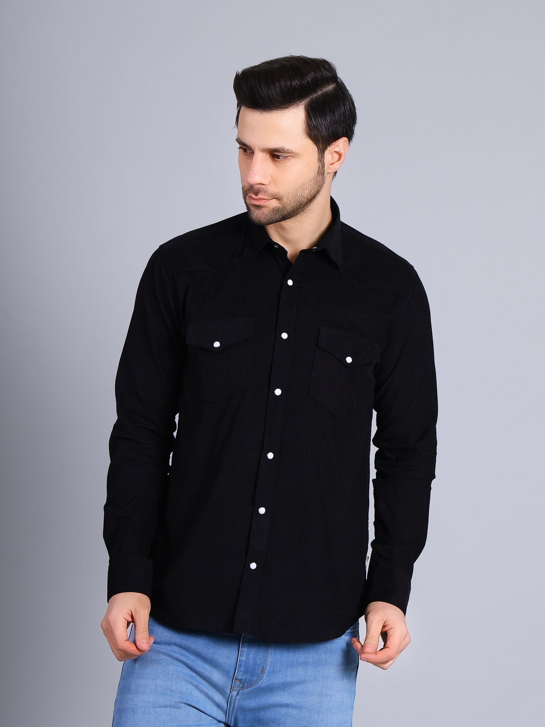 Stylox Men’s Regular Fit Full Sleeve Solid Casual Corduroy Shirt with Double Chest Pocket (Black)