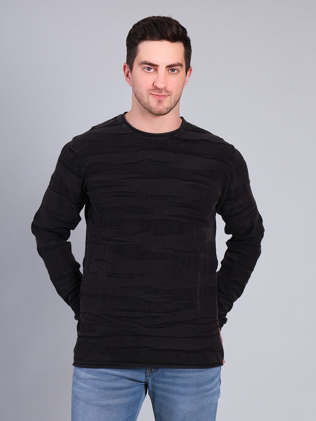 Stylox Men’s Textured Winter Sweater | Full Sleeve Crew Neck Knit Pullover | Premium Casual Wear (Black) - Stylox