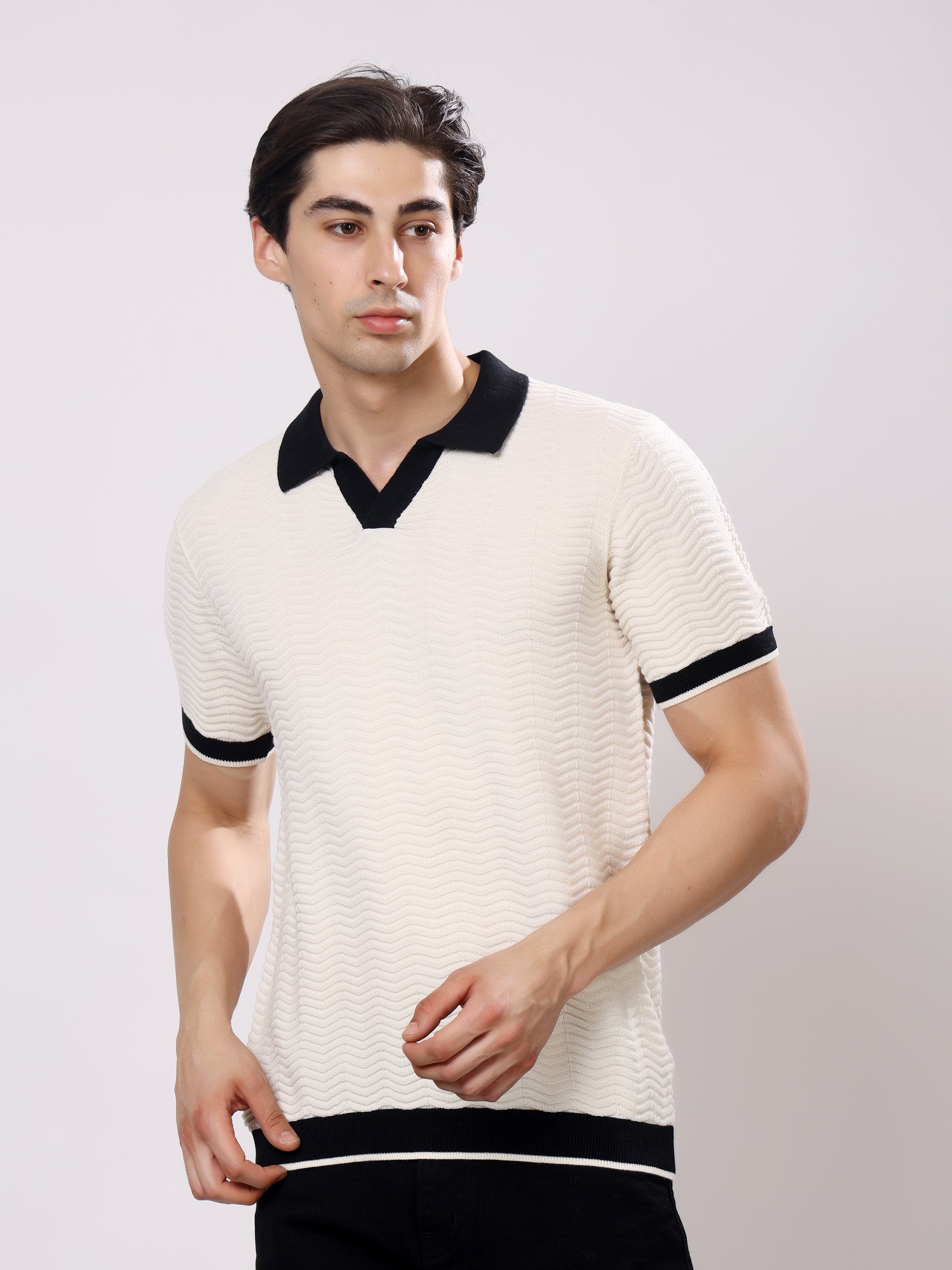 Stylox Men's Regular Fit Half Sleeve Textured Knitted Contrast Collar Polo Tee