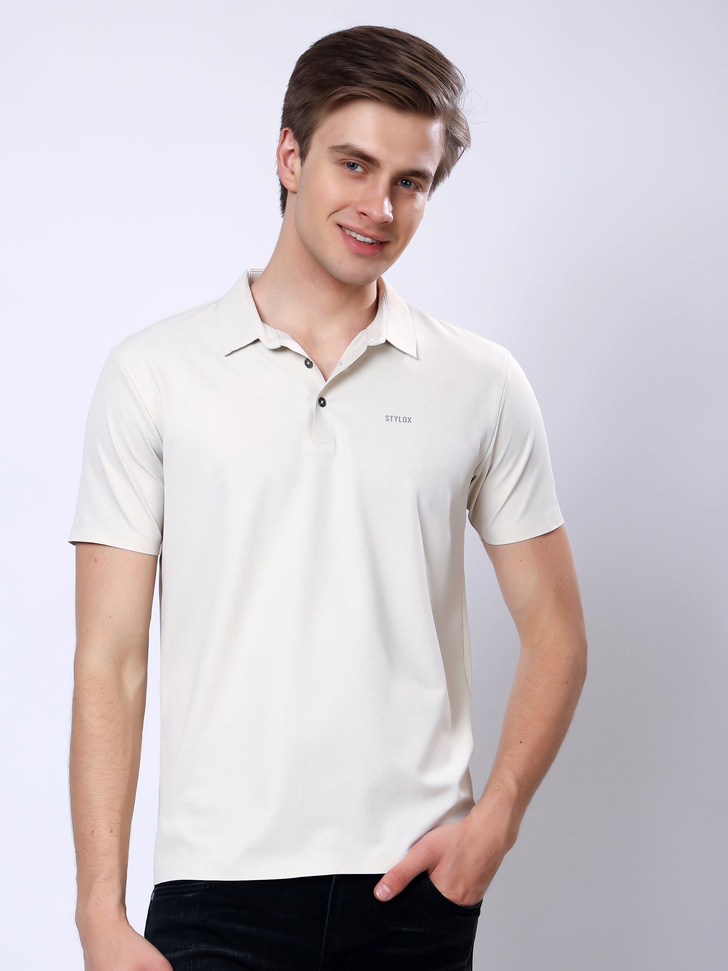 Stylox Men’s Premium Regular Fit Stretchable Polo T-Shirt–Light Beige - Stylox