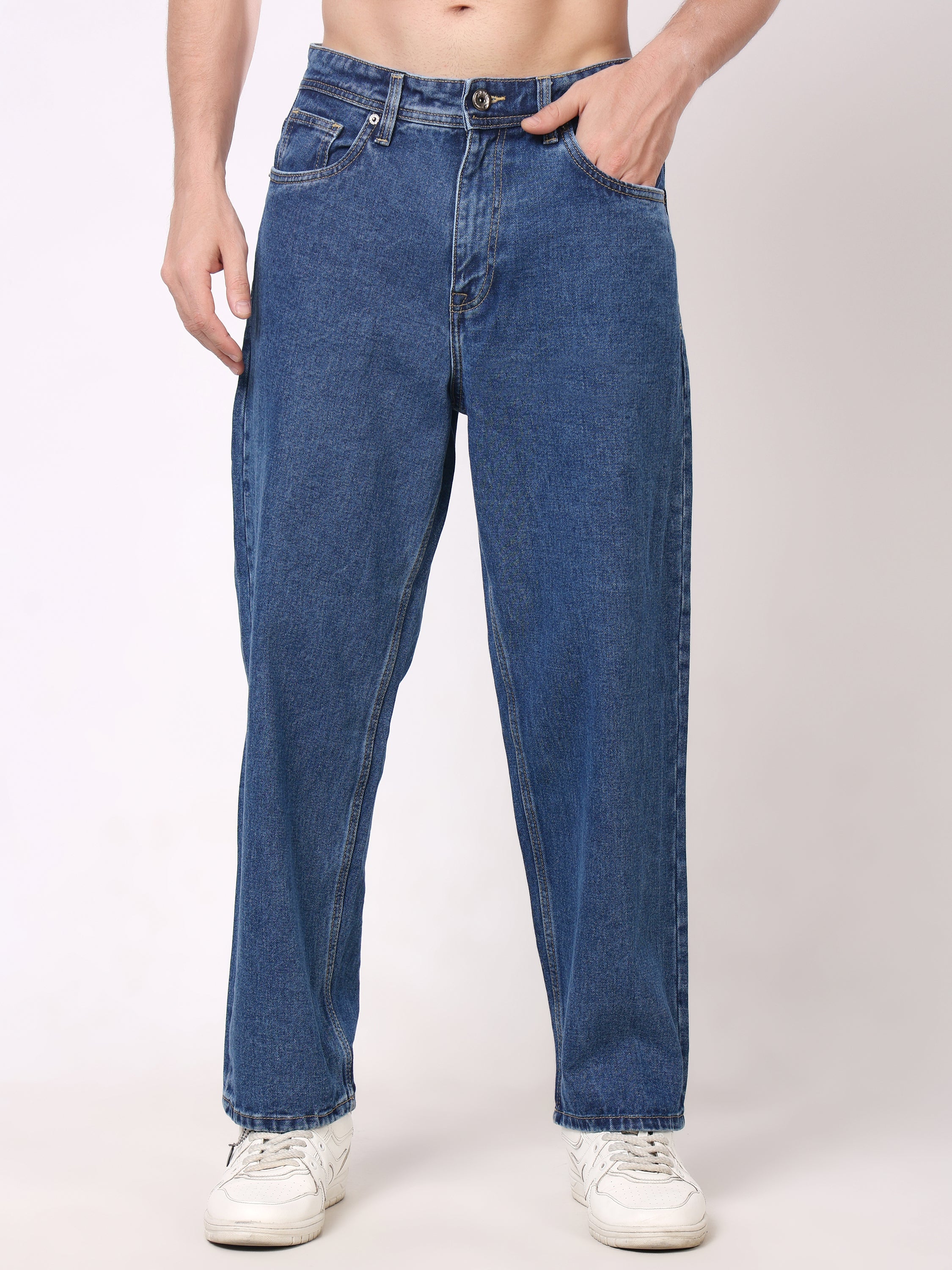 Stylox Men's Mid Indigo Super Baggy Fit Non-Stretchable Denim Jeans