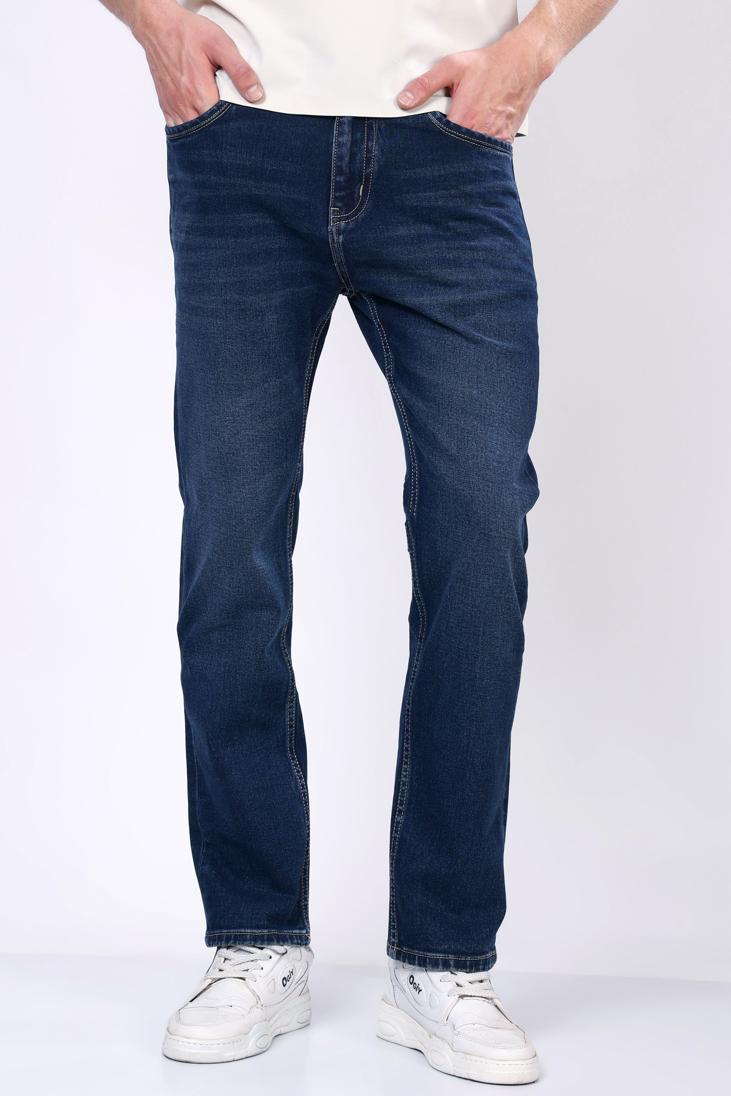 Stylox Men’s Mid-Rise Comfort Fit Stretchable Mid Dark Blue Denim Jeans - Stylox