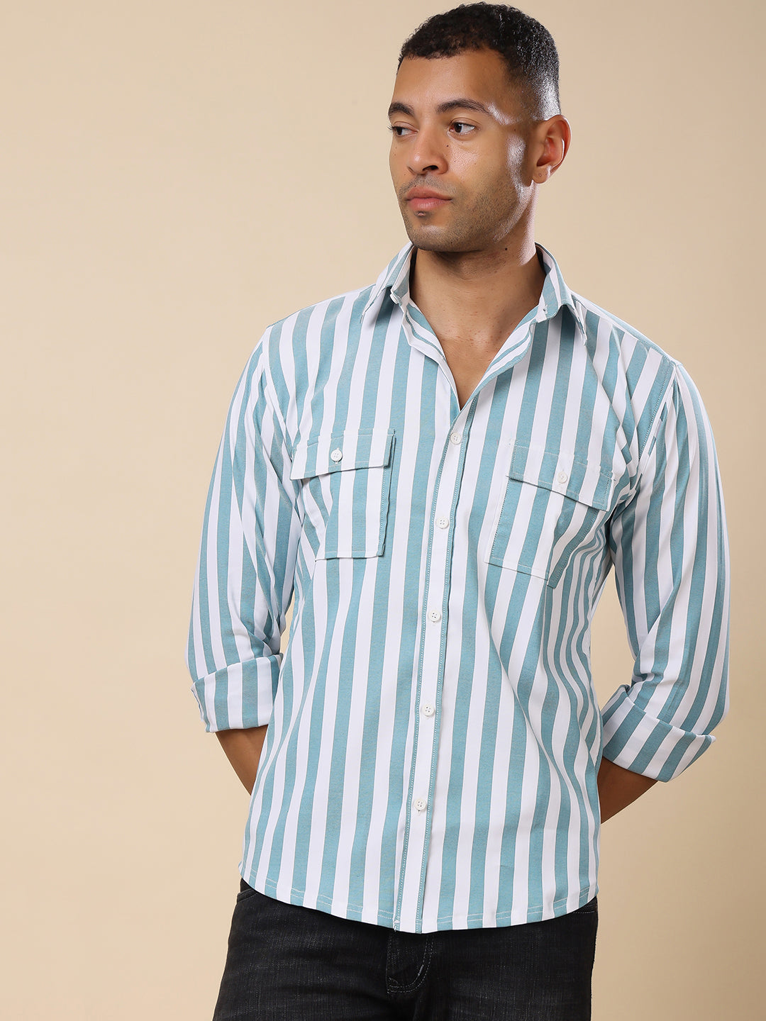Stylox Men’s Striped Full Sleeve Regular Fit Shirt with Double Chest Pockets – Smart, Functional & Stylish - Stylox