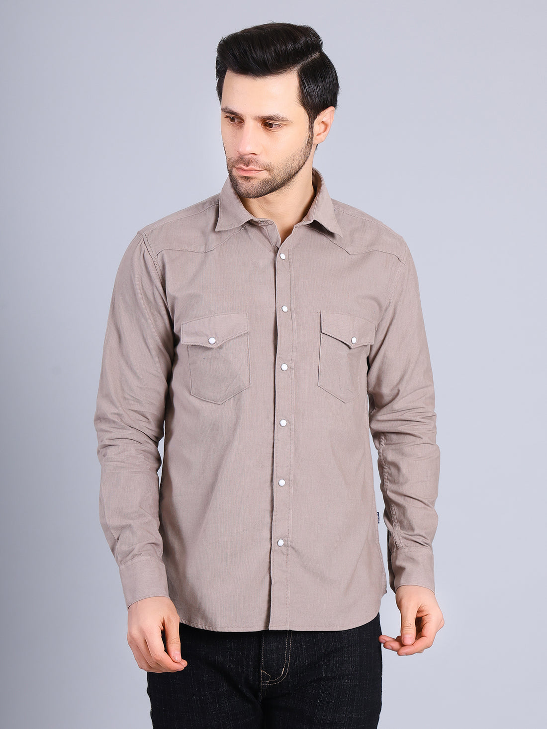 Stylox Men’s Regular Fit Full Sleeve Solid Casual Corduroy Shirt with Double Chest Pocket (Sand)