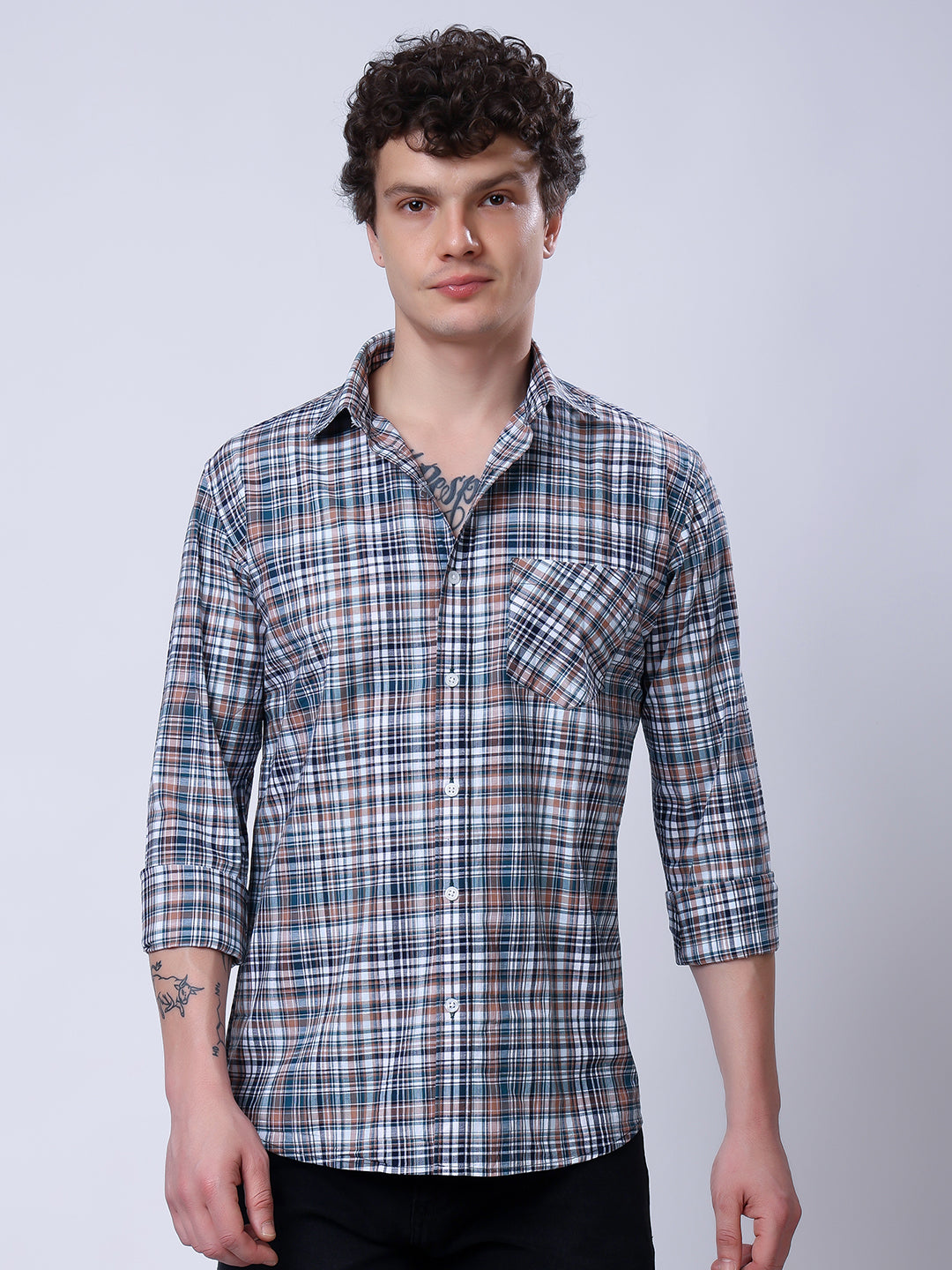 Stylox Men’s Regular Fit Full Sleeve Casual Check Shirt–Grey & Brown - Stylox