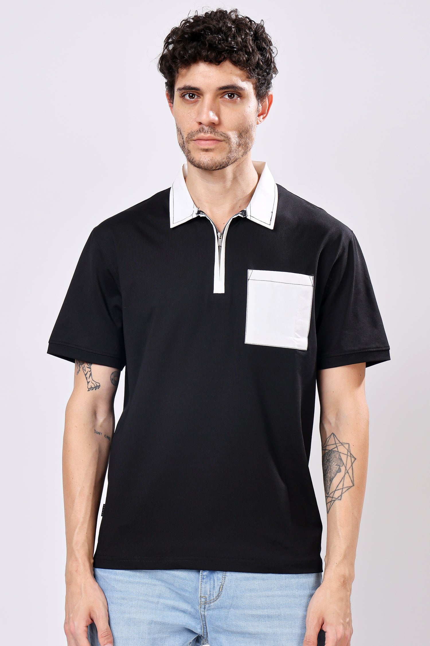 Stylox Men’s Regular Fit Contrast Collar Half Sleeve T-Shirt with Front Pocket &amp; Zip Neck | Casual Stylish Cotton Blend Tee