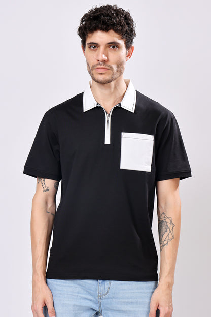 Stylox Men’s Regular Fit Contrast Collar Half Sleeve T-Shirt with Front Pocket &amp; Zip Neck | Casual Stylish Cotton Blend Tee