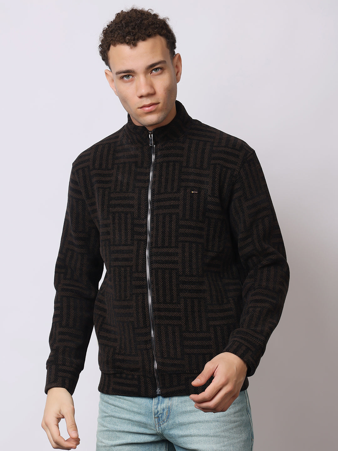 Stylox Men’s Black Textured Full-Zip Winter Jacket – Warm Fleece-Lined High Neck Sweatshirt for Casual Wear