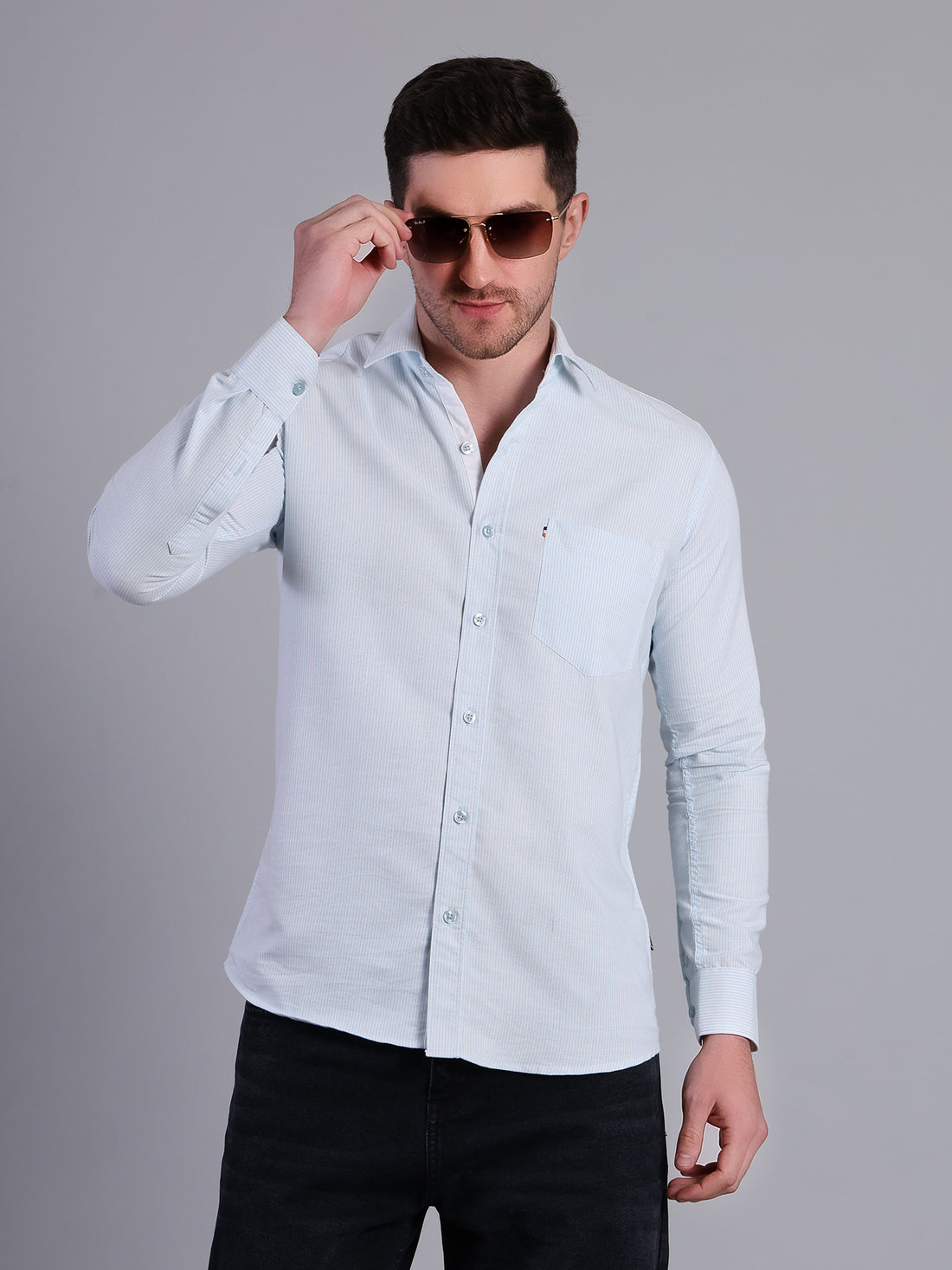 Stylox Men’s Green Striped Casual Shirt | Regular Fit Cotton Shirt for Men-Sky Blue - Stylox