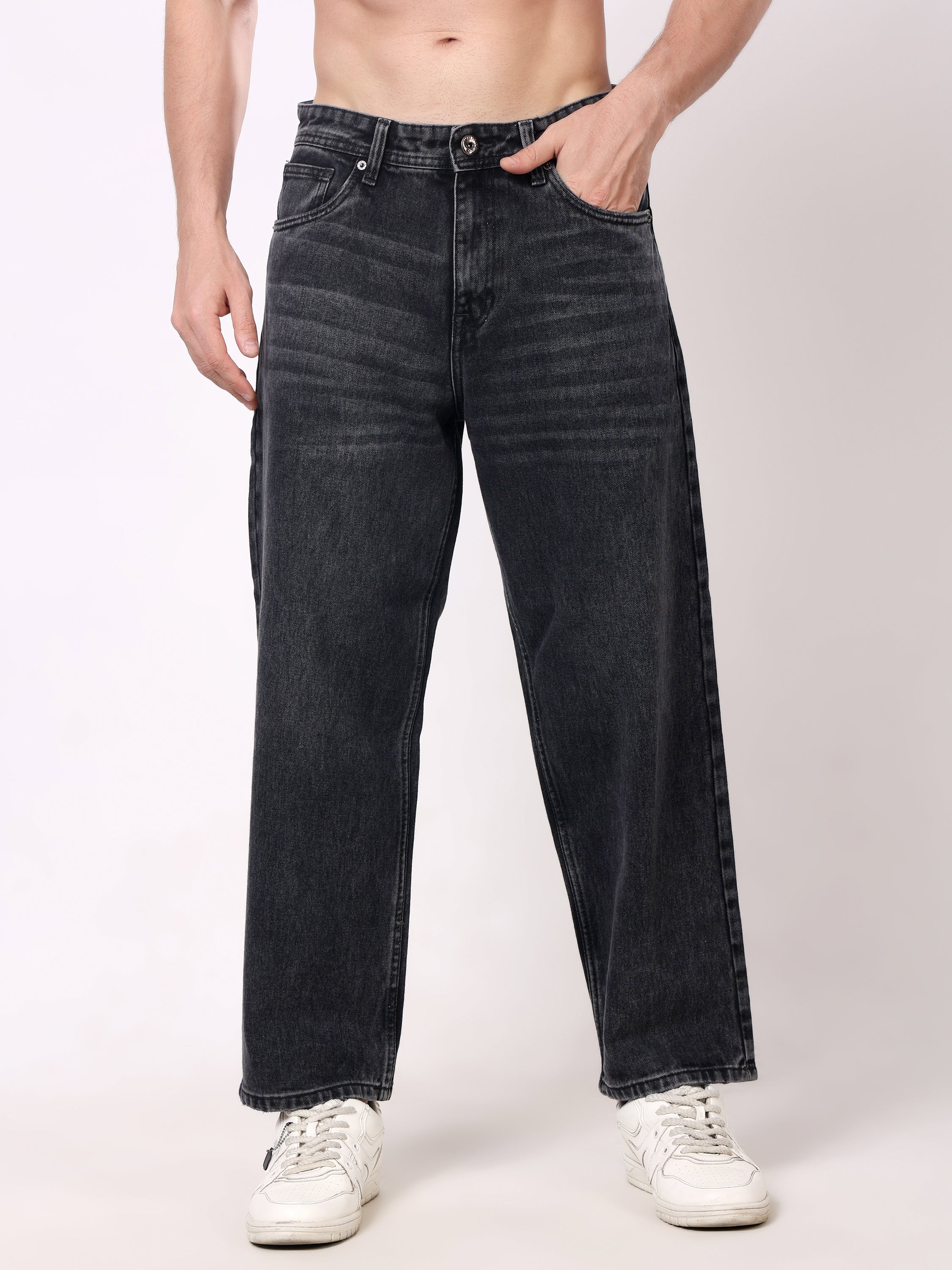 Stylox Men's Black Super Baggy Fit Non-Stretchable Denim Jeans