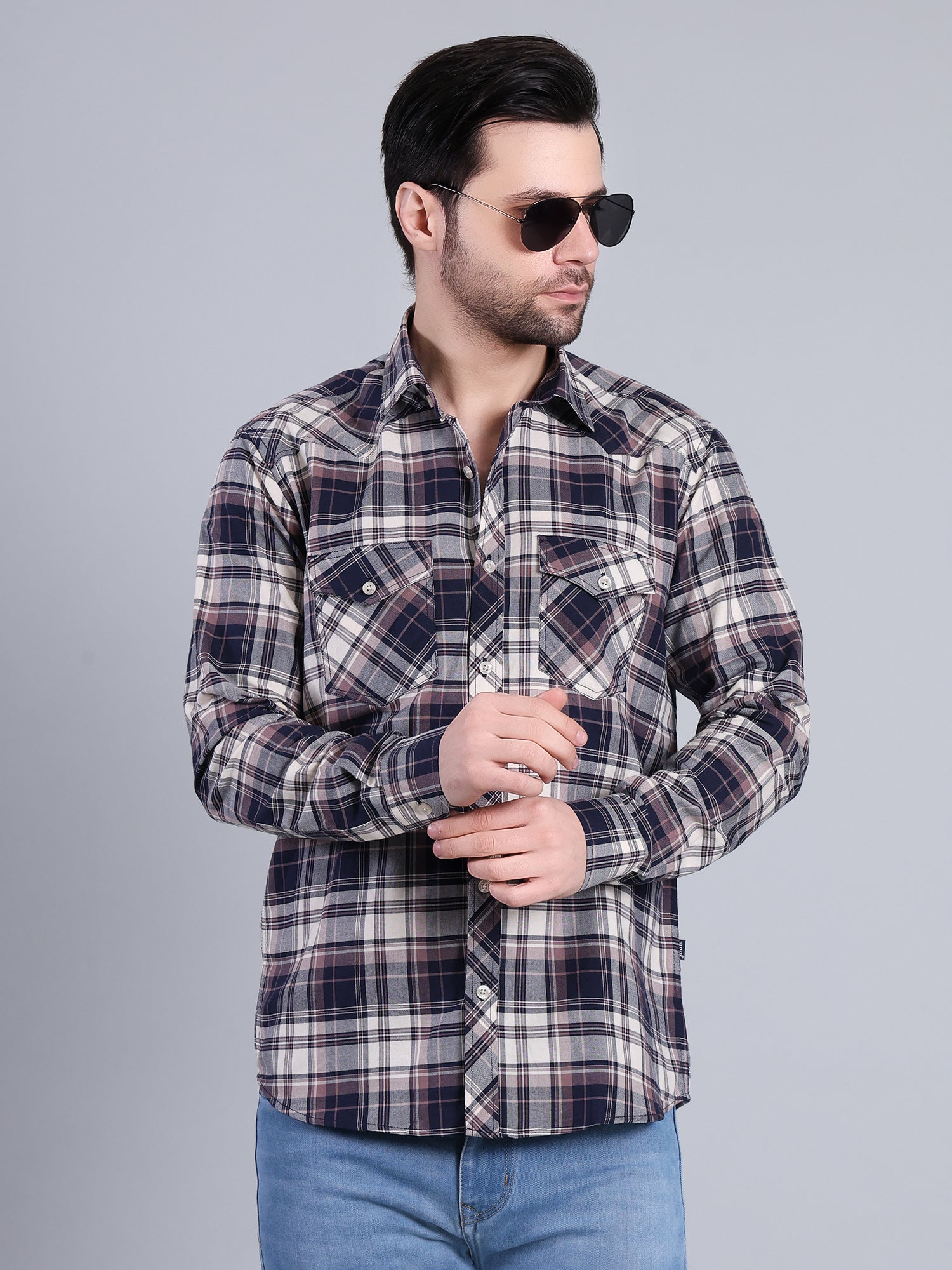 Stylox Men's Regular Fit Double Chest Pocket Check Casual Shirt (Navy)