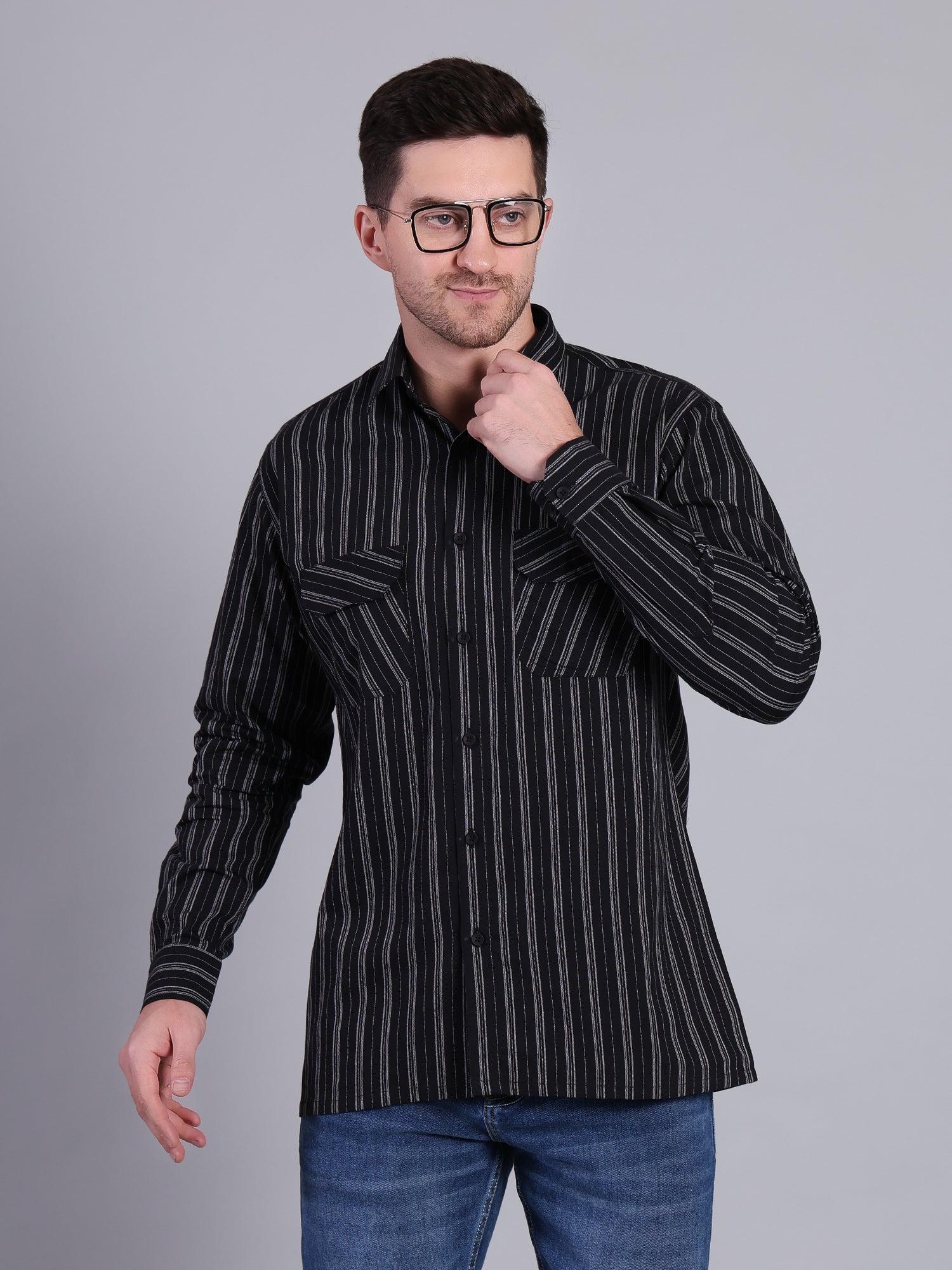 Stylox Men’s Regular Fit Black Vertical Striped Full Sleeve Casual Shirt - Stylox