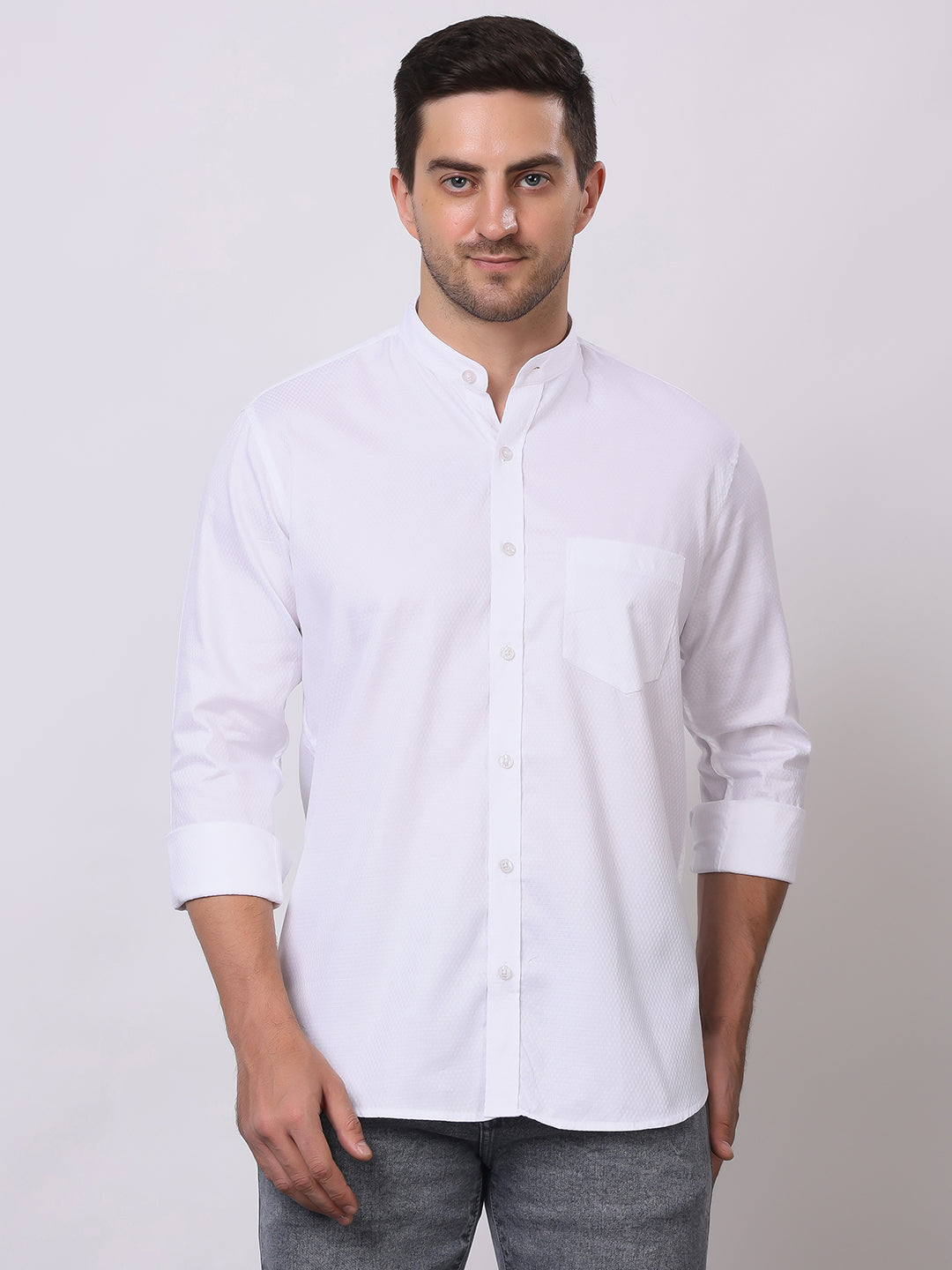 Stylox Men's Full Sleeve Solid White Casual Shirt with Mandarin Collar – Premium Cotton Blend Regular Fit Shirt for Smart & Minimal Everyday Style - Stylox