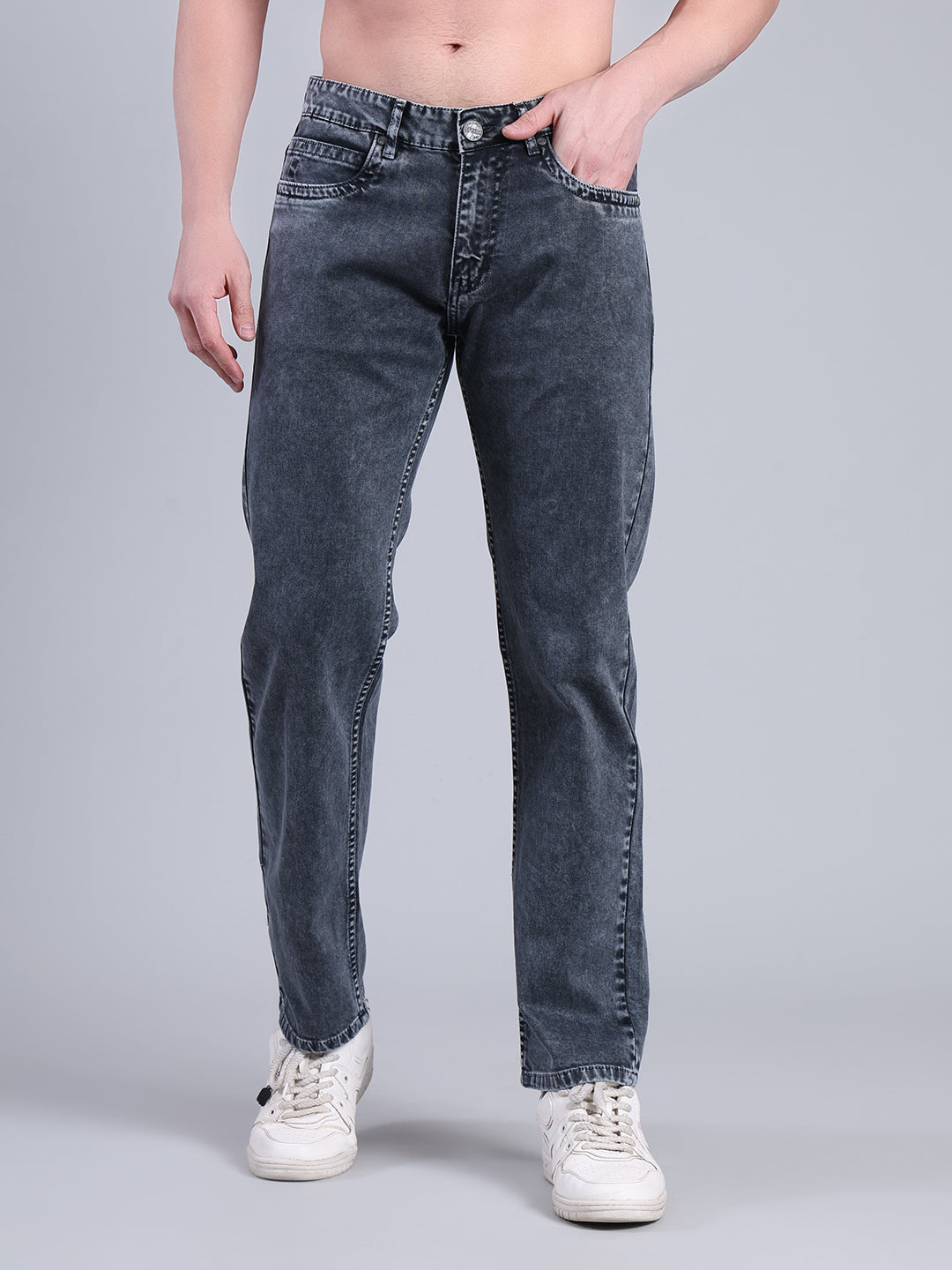 Stylox Men’s Comfort Fit Mid Rise Washed Denim Jeans (Dark Grey) - Stylox