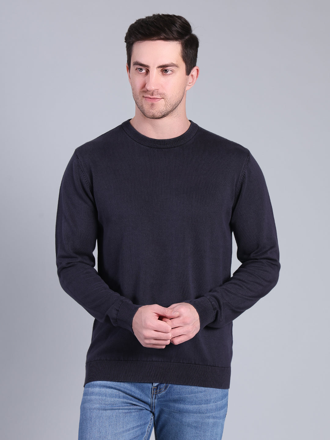 Stylox Men’s Full Sleeve Round Neck Sweater | Solid Slim Fit Knitted Winter Pullover (Navy) - Stylox