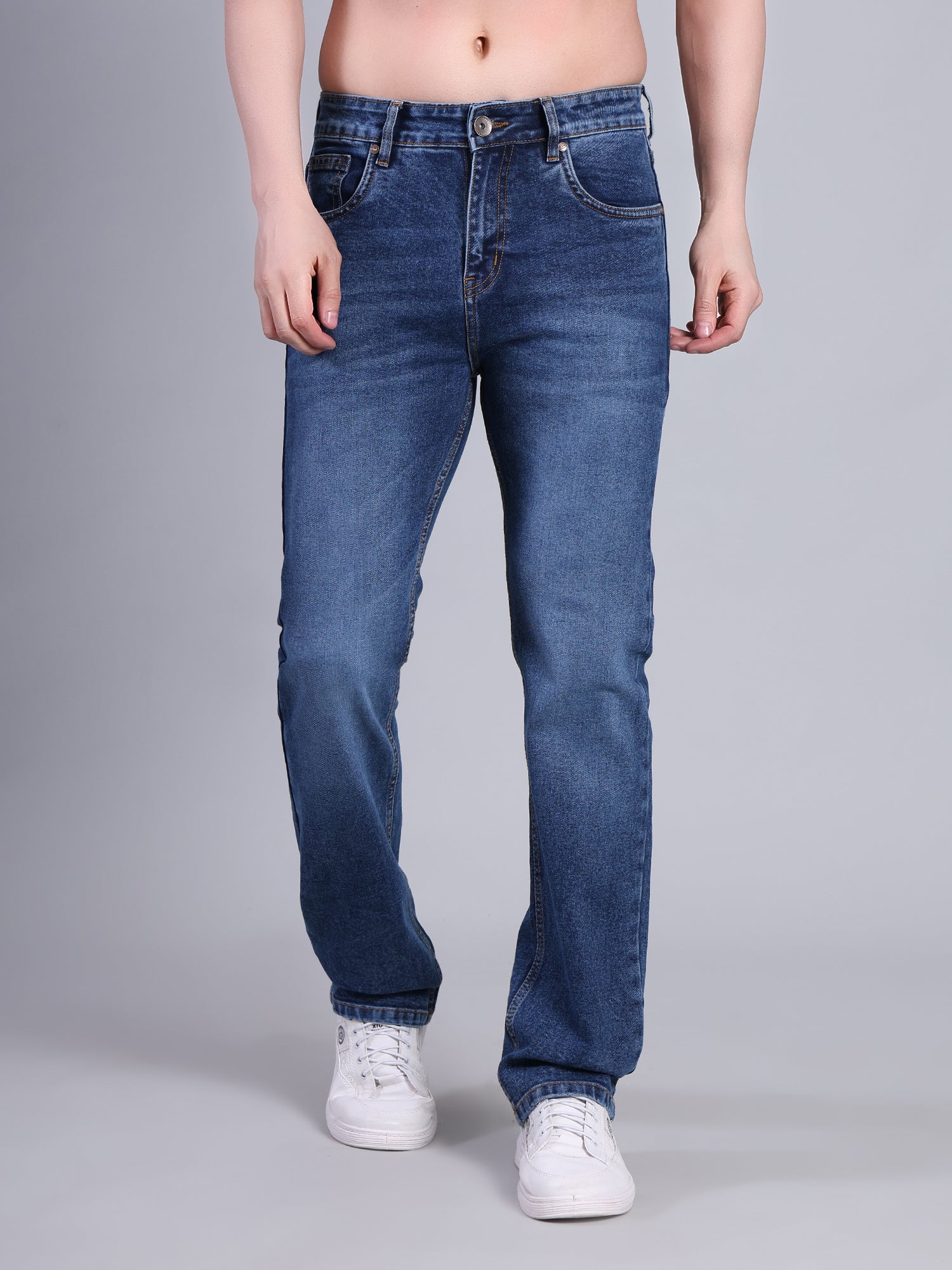 Stylox Men’s Mid-Rise Straight Fit Classic Washed Denim Jeans-Mid Blue - Stylox